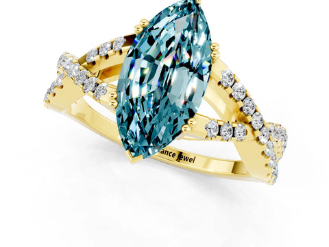 Yellow gold Marquise Cut Blue Topaz Solitaire Ring with Four-Prong Setting and Twisted Pavé Band_1