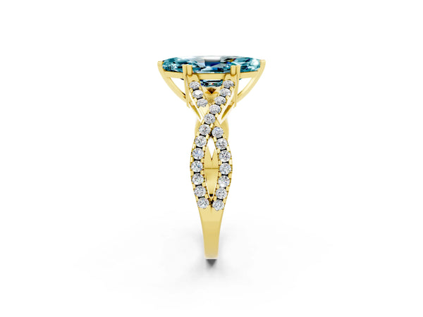 Yellow gold Marquise Cut Blue Topaz Solitaire Ring with Four-Prong Setting and Twisted Pavé Band