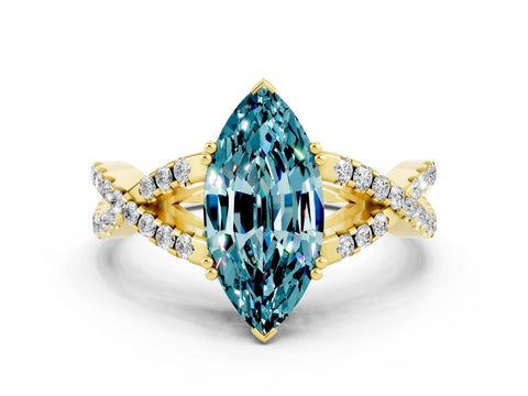 Yellow gold Marquise Cut Blue Topaz Solitaire Ring with Four-Prong Setting and Twisted Pavé Band