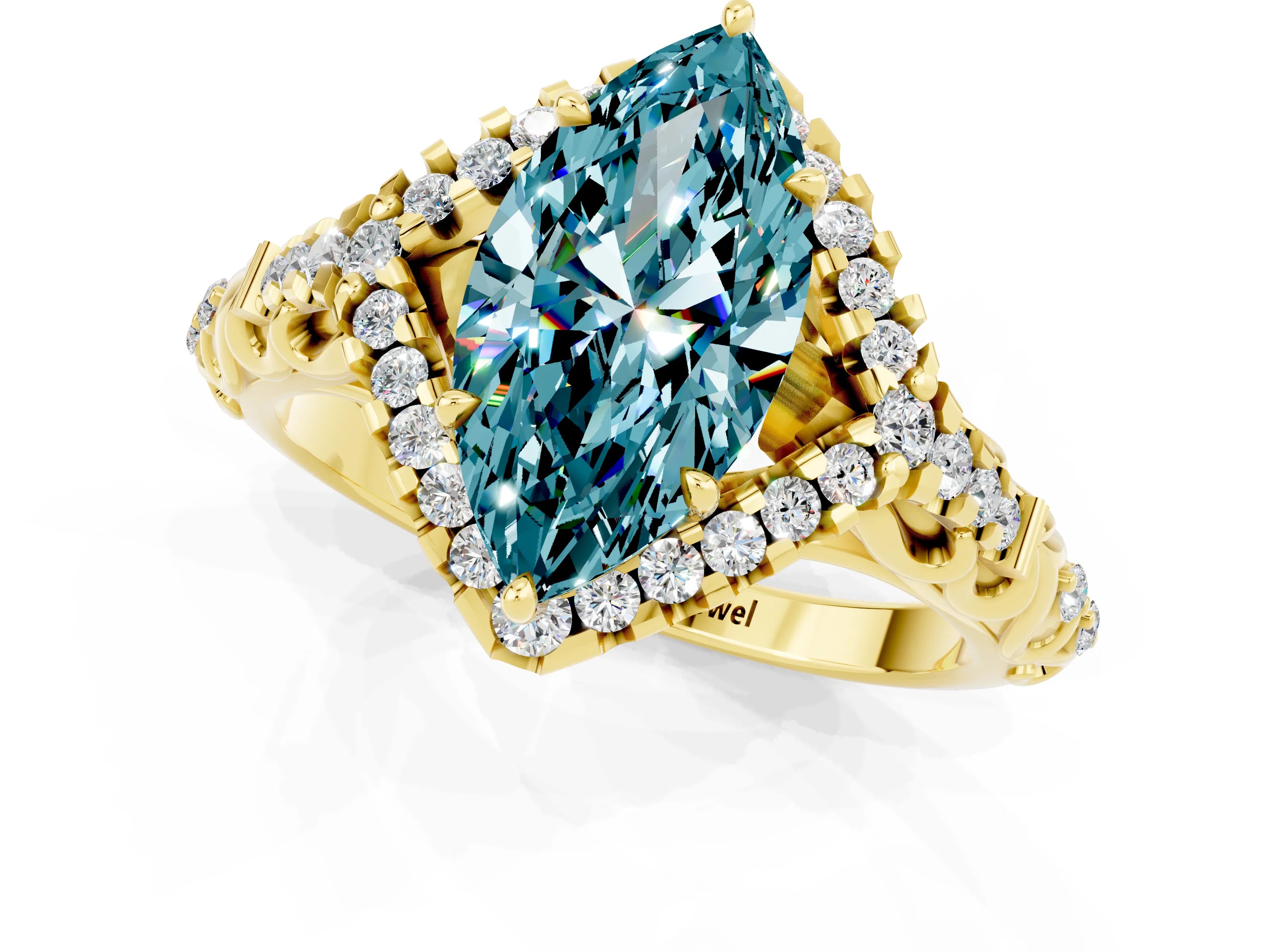 Yellow gold Marquise Cut Blue Topaz Solitaire Ring with Hidden Halo and Pavé Band_13