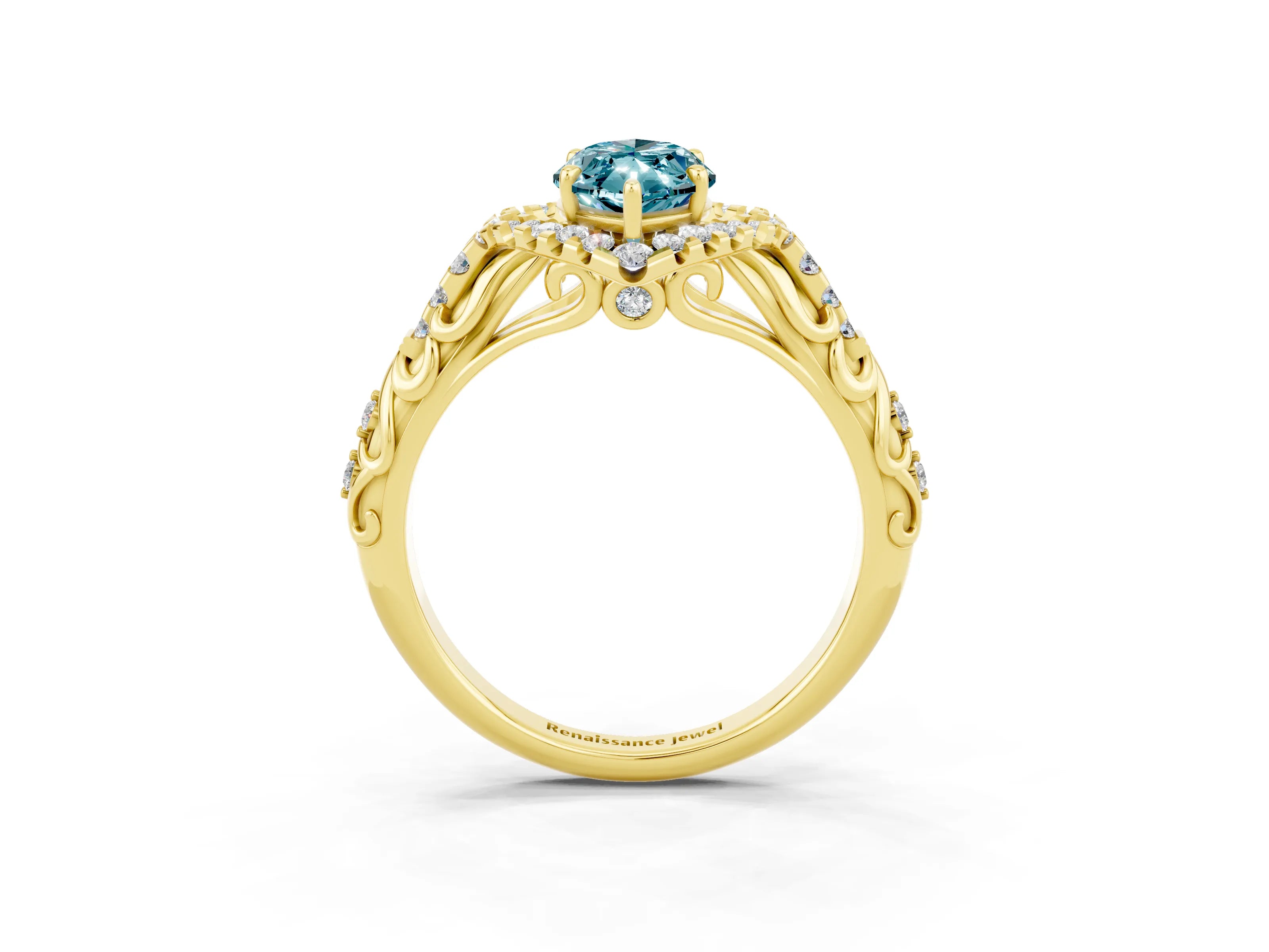 Yellow gold Marquise Cut Blue Topaz Solitaire Ring with Hidden Halo and Pavé Band_15