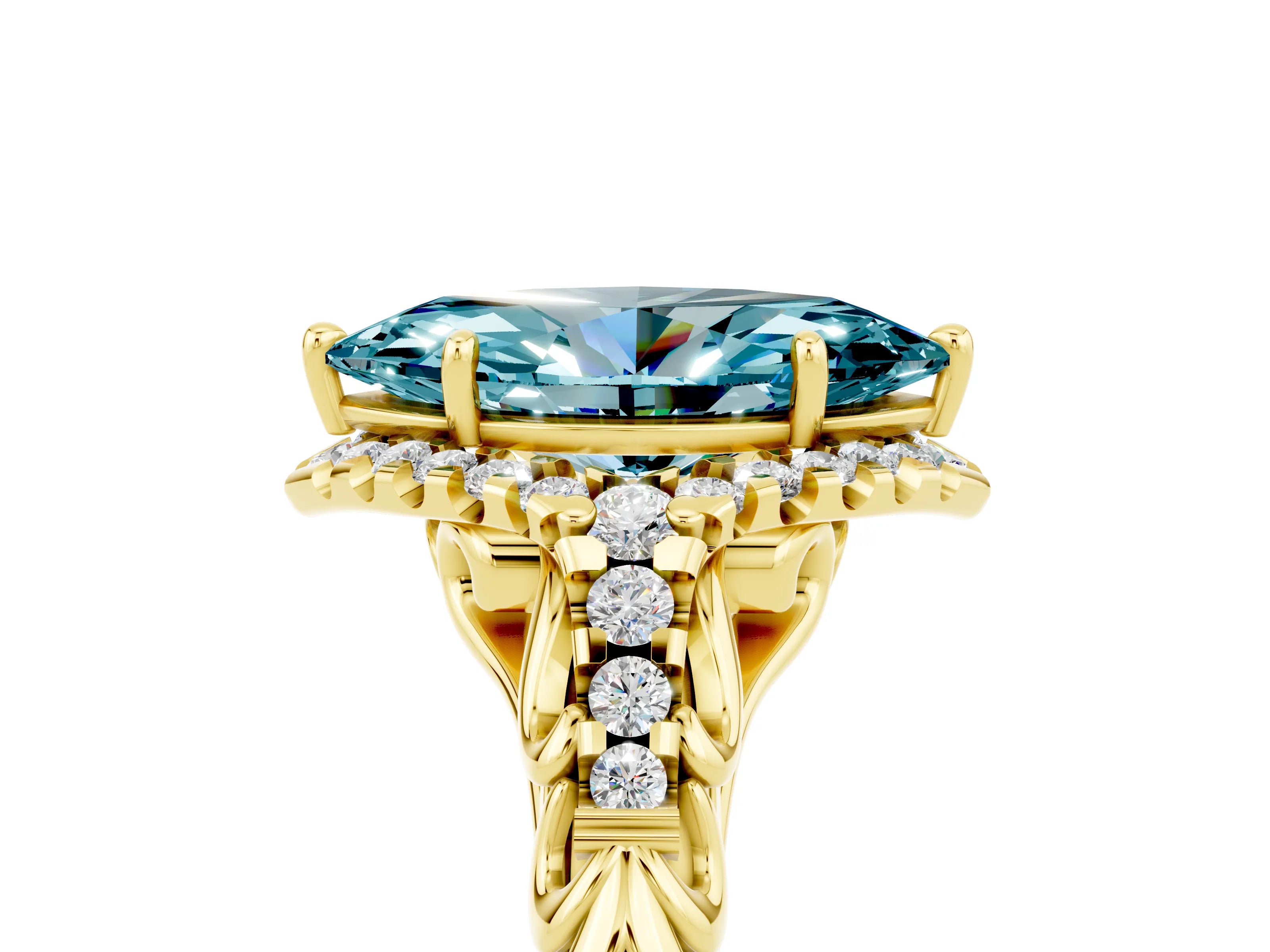 Yellow gold Marquise Cut Blue Topaz Solitaire Ring with Hidden Halo and Pavé Band_17