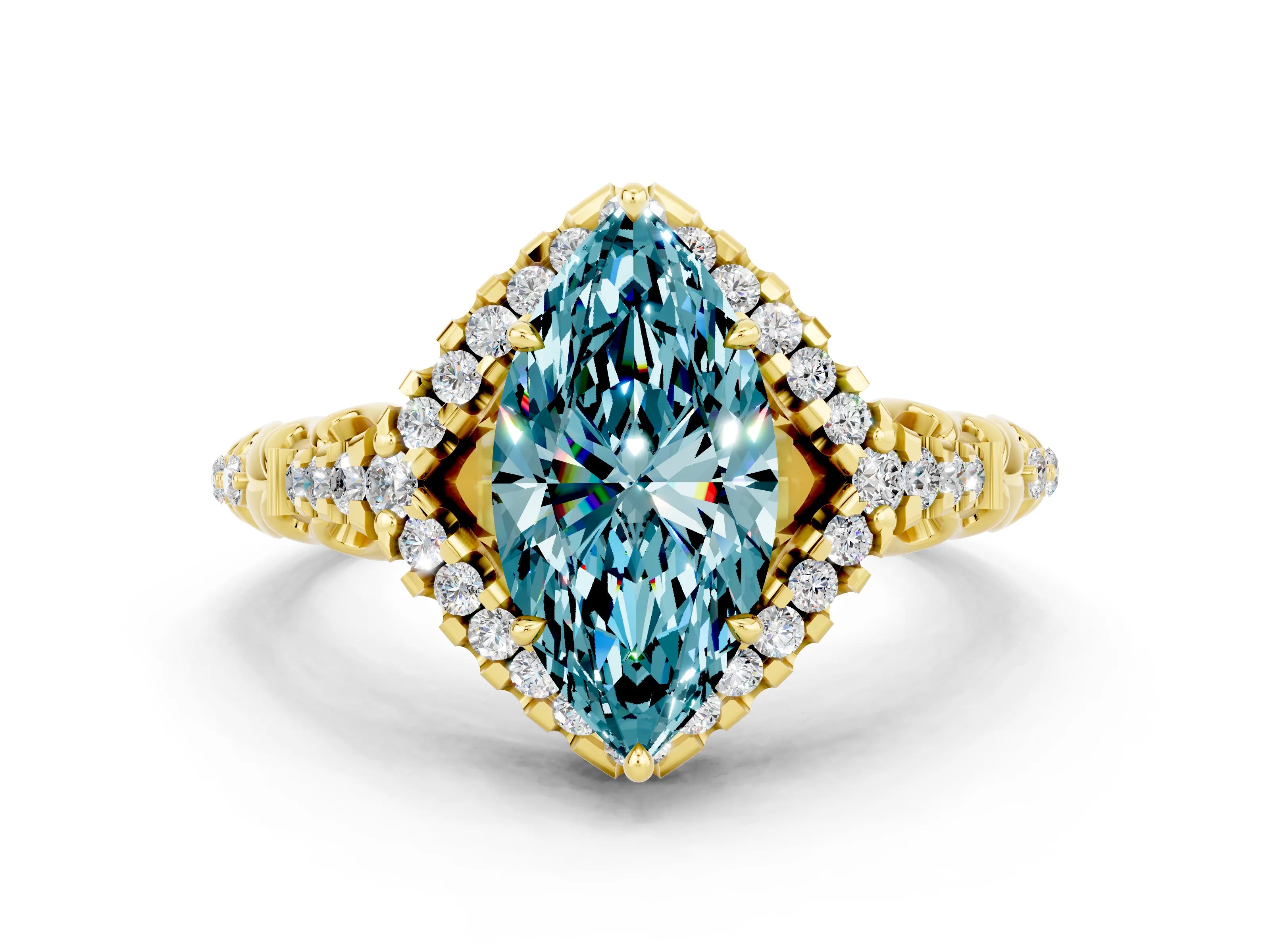 Yellow gold Marquise Cut Blue Topaz Solitaire Ring with Hidden Halo and Pavé Band_19