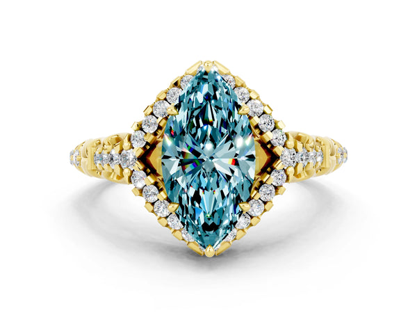 Yellow gold Marquise Cut Blue Topaz Solitaire Ring with Hidden Halo and Pavé Band