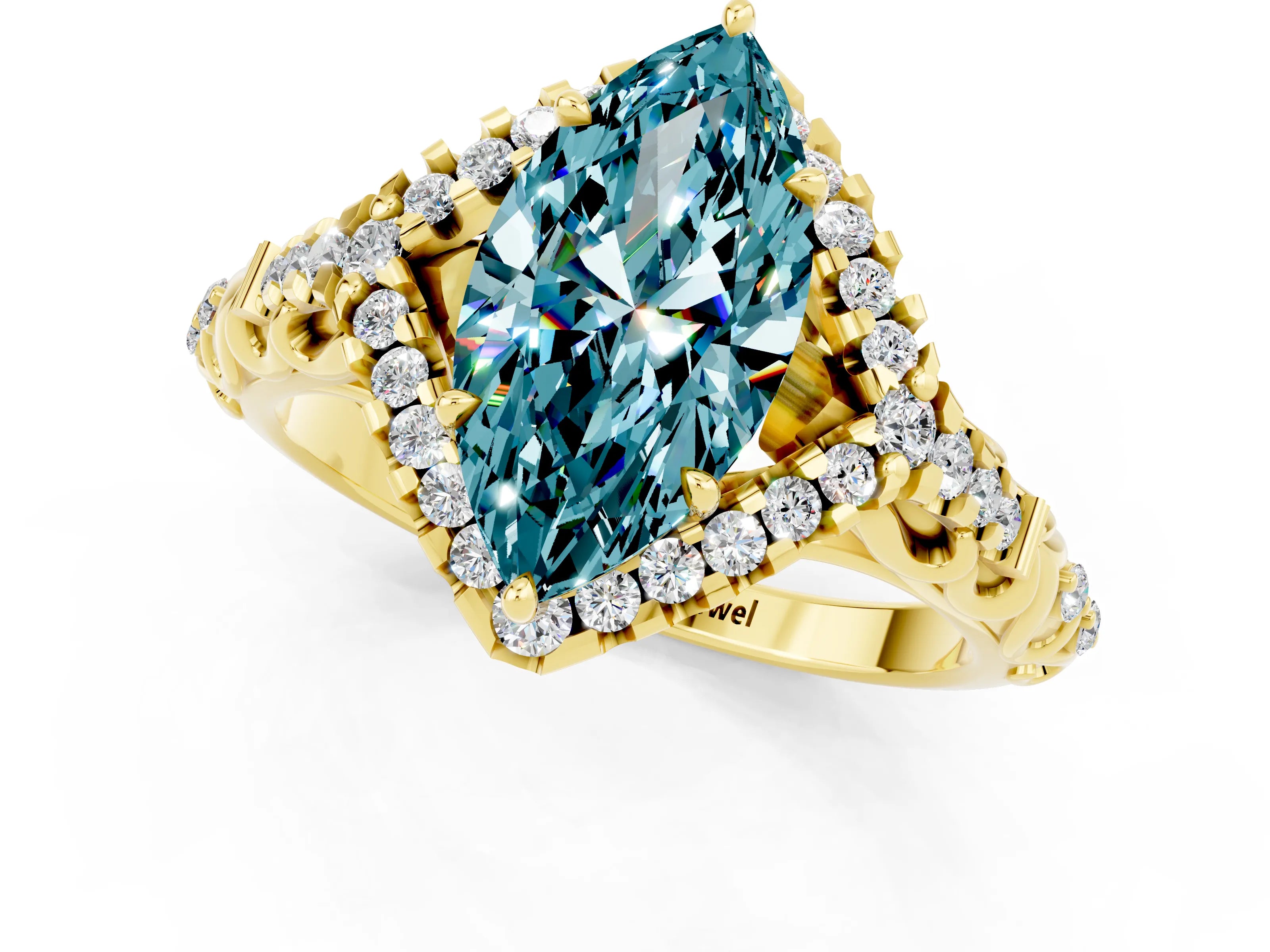 Yellow gold Marquise Cut Blue Topaz Solitaire Ring with Hidden Halo and Pavé Band_20