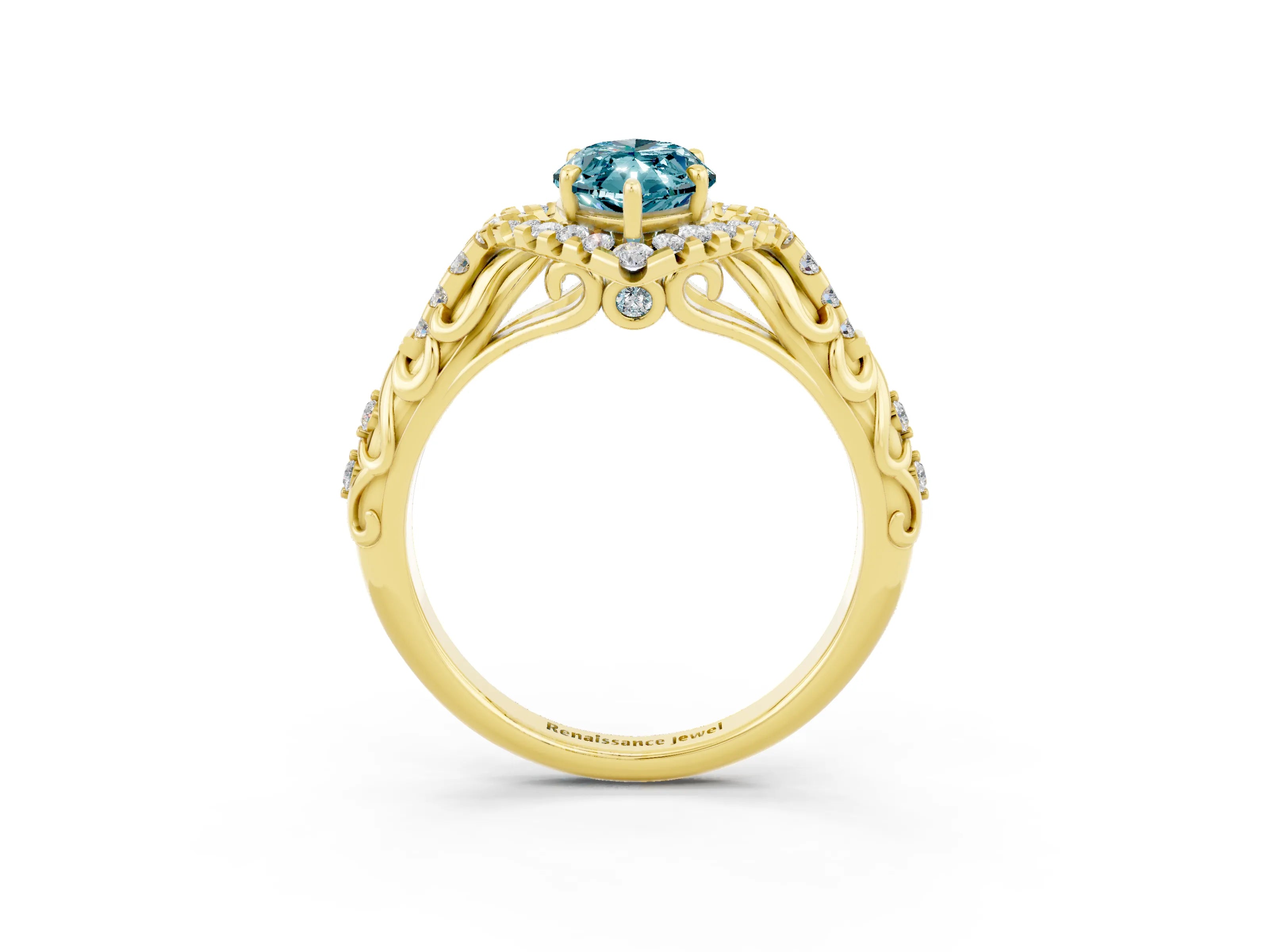 Yellow gold Marquise Cut Blue Topaz Solitaire Ring with Hidden Halo and Pavé Band_22
