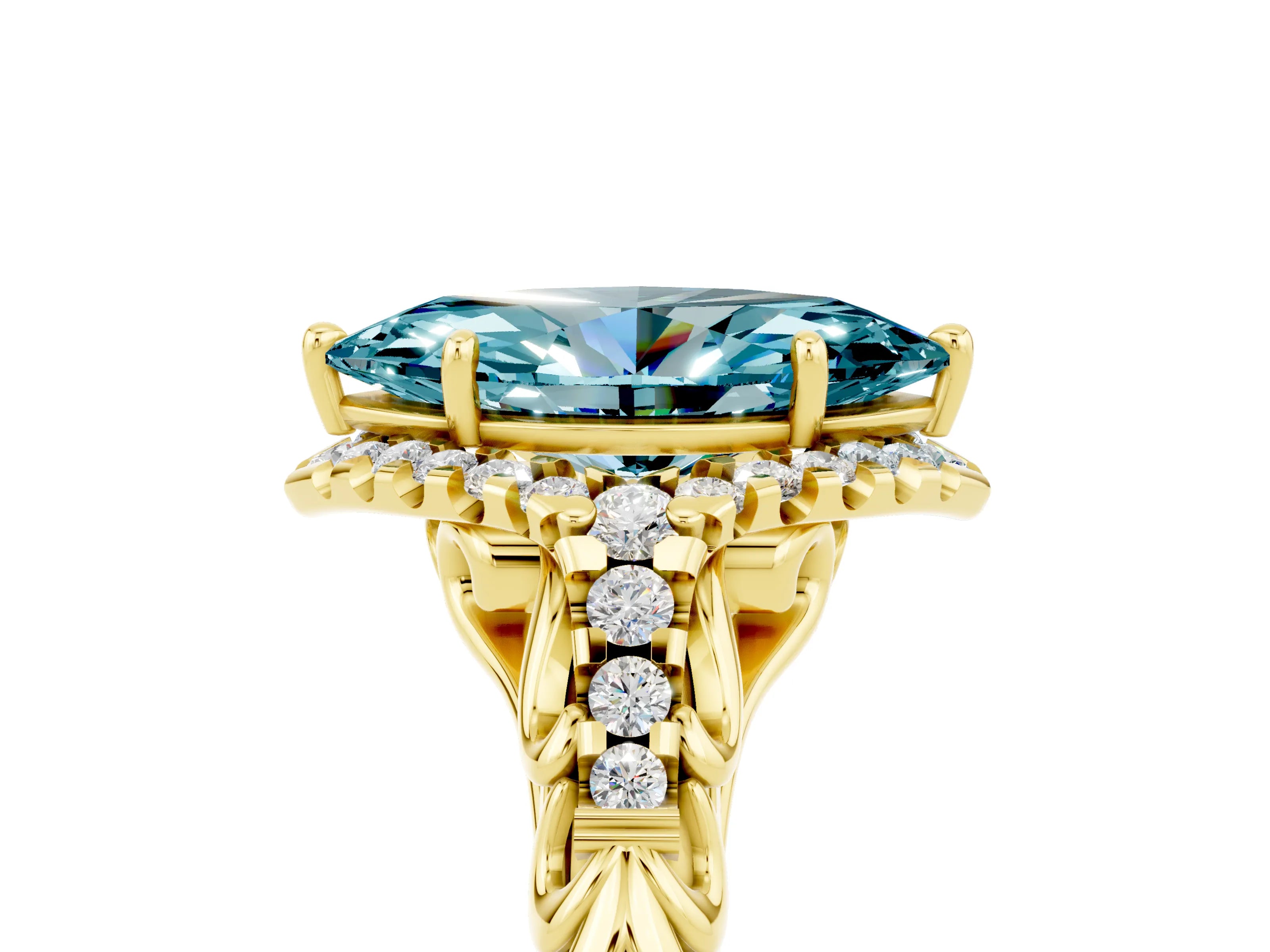 Yellow gold Marquise Cut Blue Topaz Solitaire Ring with Hidden Halo and Pavé Band_24