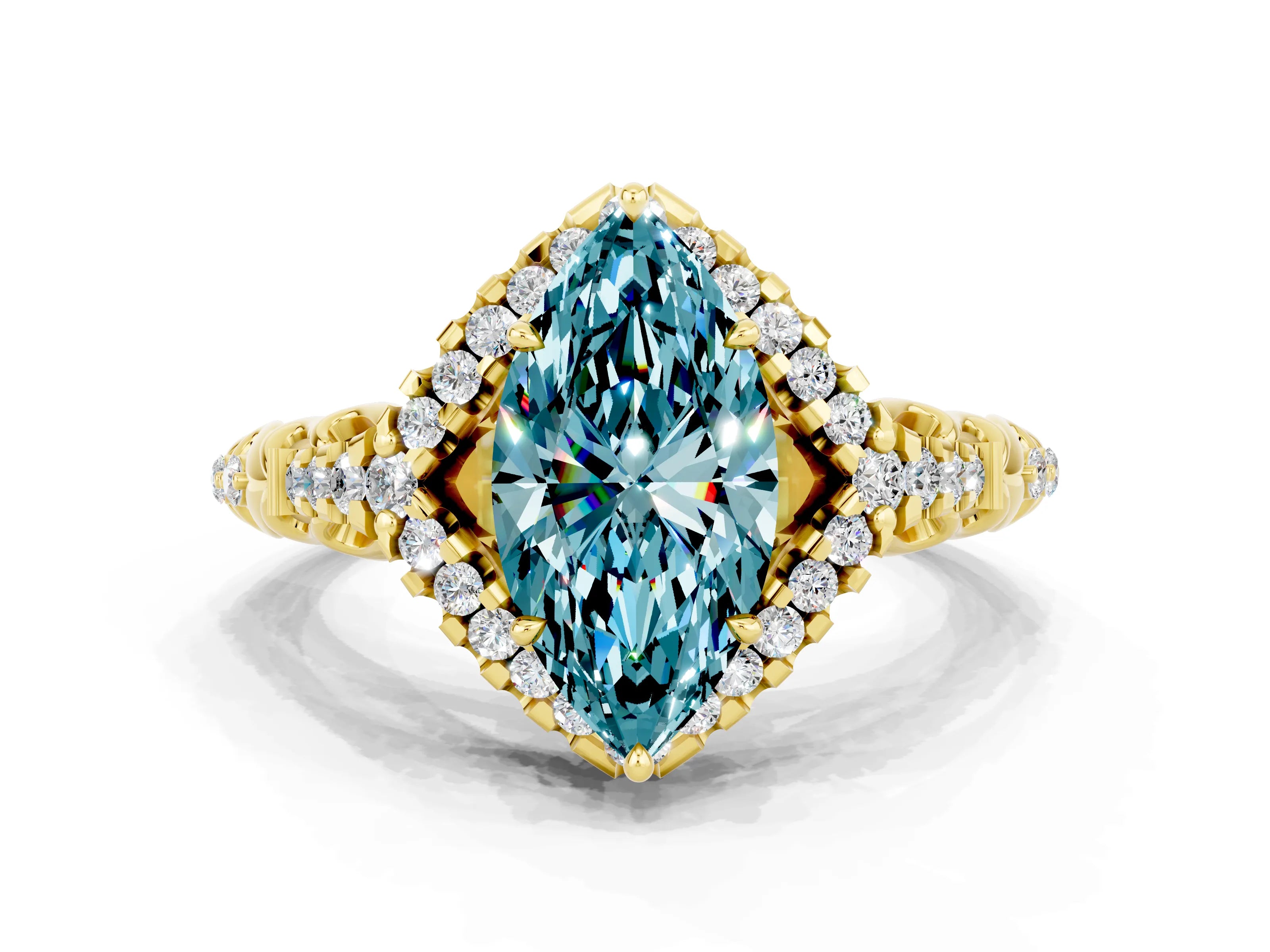 Yellow gold Marquise Cut Blue Topaz Solitaire Ring with Hidden Halo and Pavé Band_33