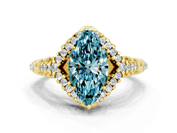 Yellow gold Marquise Cut Blue Topaz Solitaire Ring with Hidden Halo and Pavé Band