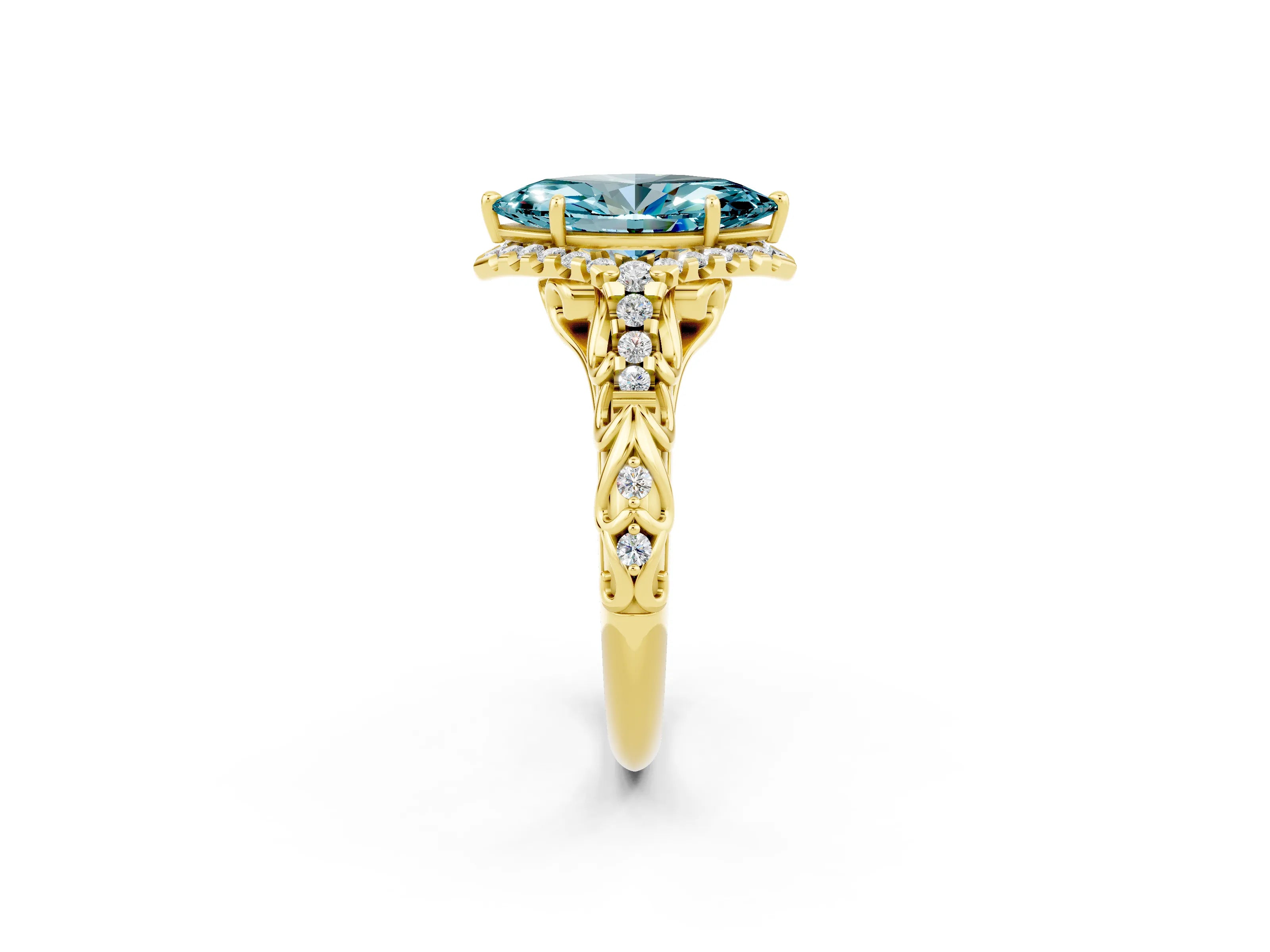 Yellow gold Marquise Cut Blue Topaz Solitaire Ring with Hidden Halo and Pavé Band_35
