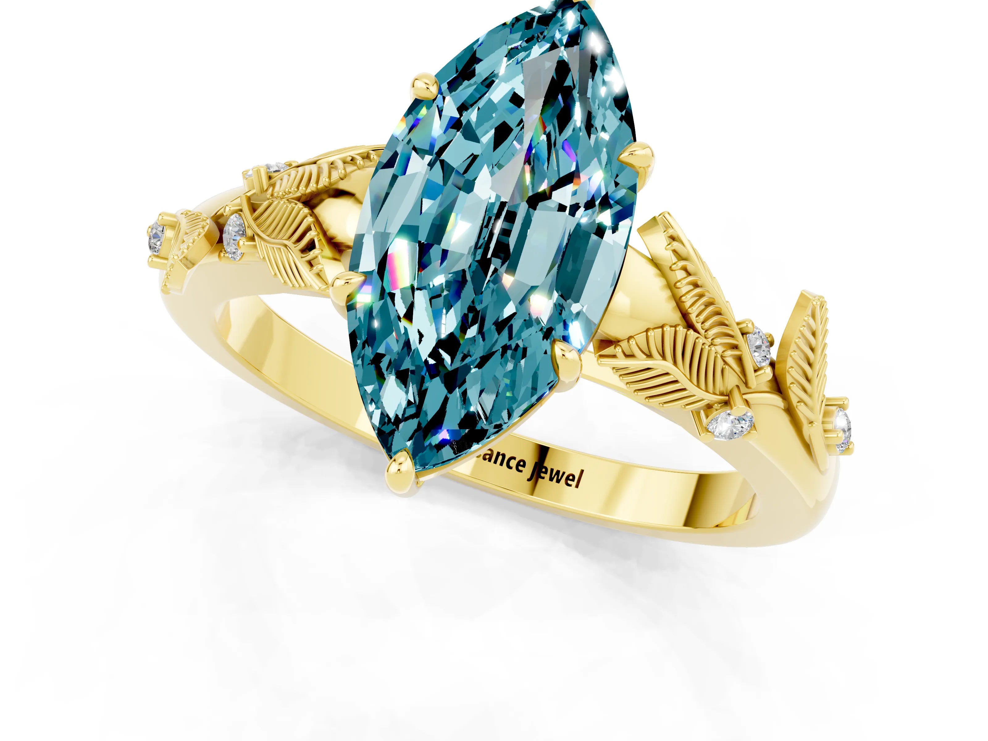 Yellow gold Marquise Cut Blue Topaz Solitaire Ring with Leaf Motif Band and Four-Prong Setting_1