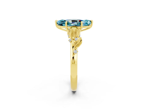 Yellow gold Marquise Cut Blue Topaz Solitaire Ring with Leaf Motif Band and Four-Prong Setting_2