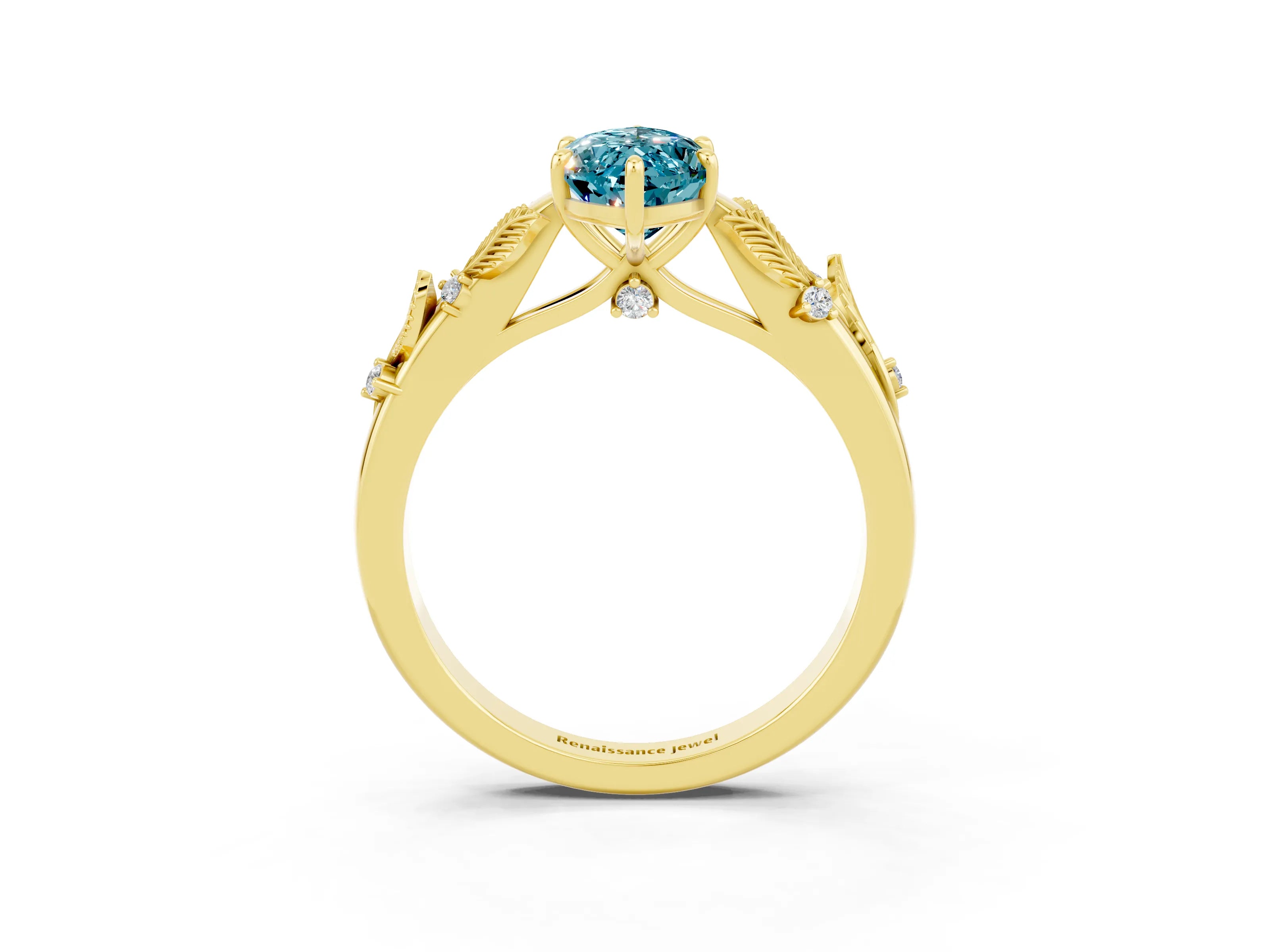 Yellow gold Marquise Cut Blue Topaz Solitaire Ring with Leaf Motif Band and Four-Prong Setting_3