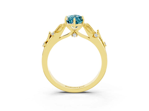 Yellow gold Marquise Cut Blue Topaz Solitaire Ring with Leaf Motif Band and Four-Prong Setting_3