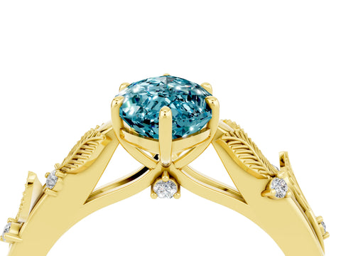 Yellow gold Marquise Cut Blue Topaz Solitaire Ring with Leaf Motif Band and Four-Prong Setting_4