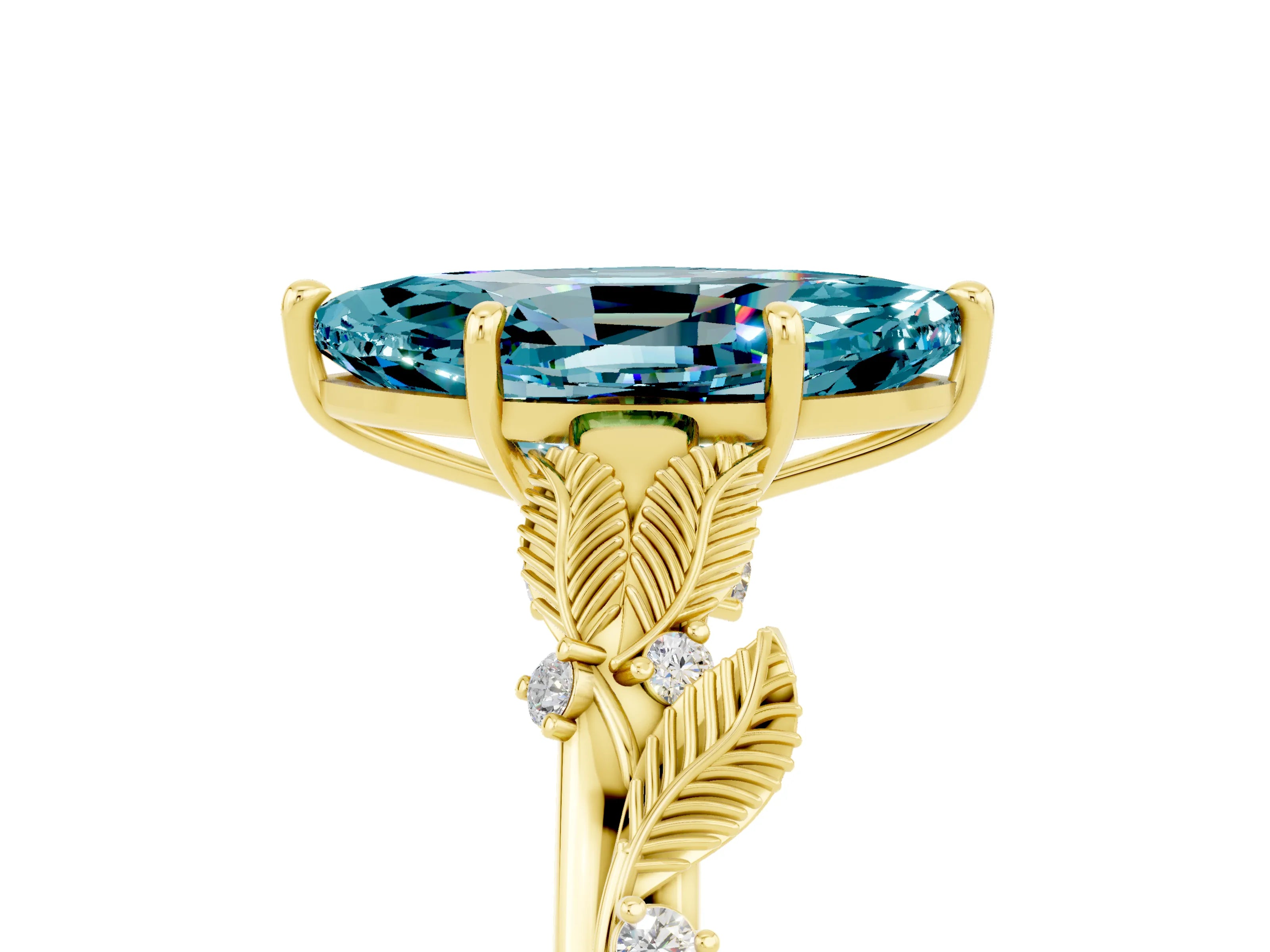 Yellow gold Marquise Cut Blue Topaz Solitaire Ring with Leaf Motif Band and Four-Prong Setting_5
