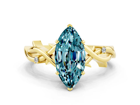 Yellow gold Marquise Cut Blue Topaz Solitaire Ring with Milgrain Pavé Band and Four-Prong Setting_12