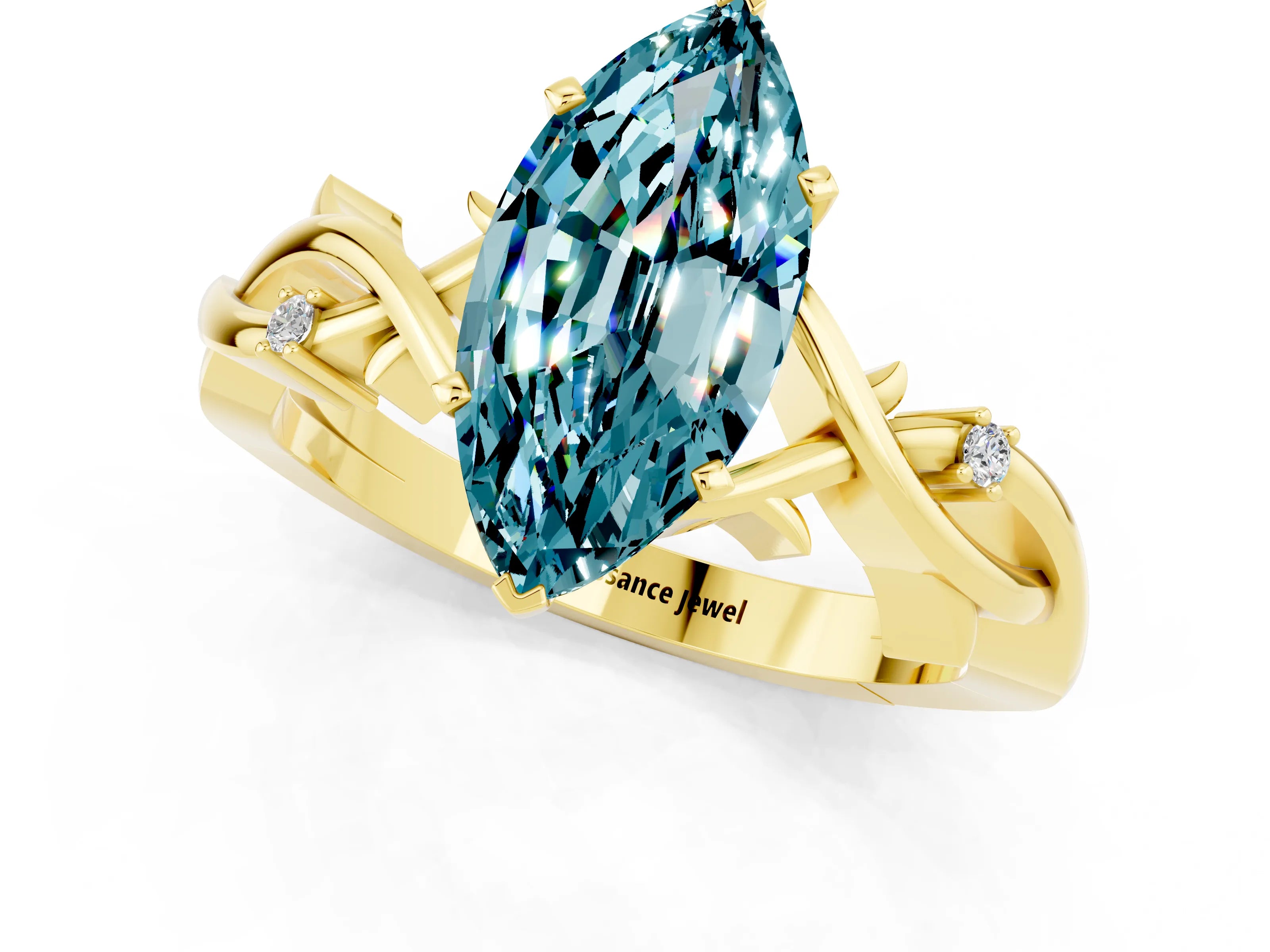 Yellow gold Marquise Cut Blue Topaz Solitaire Ring with Milgrain Pavé Band and Four-Prong Setting_19