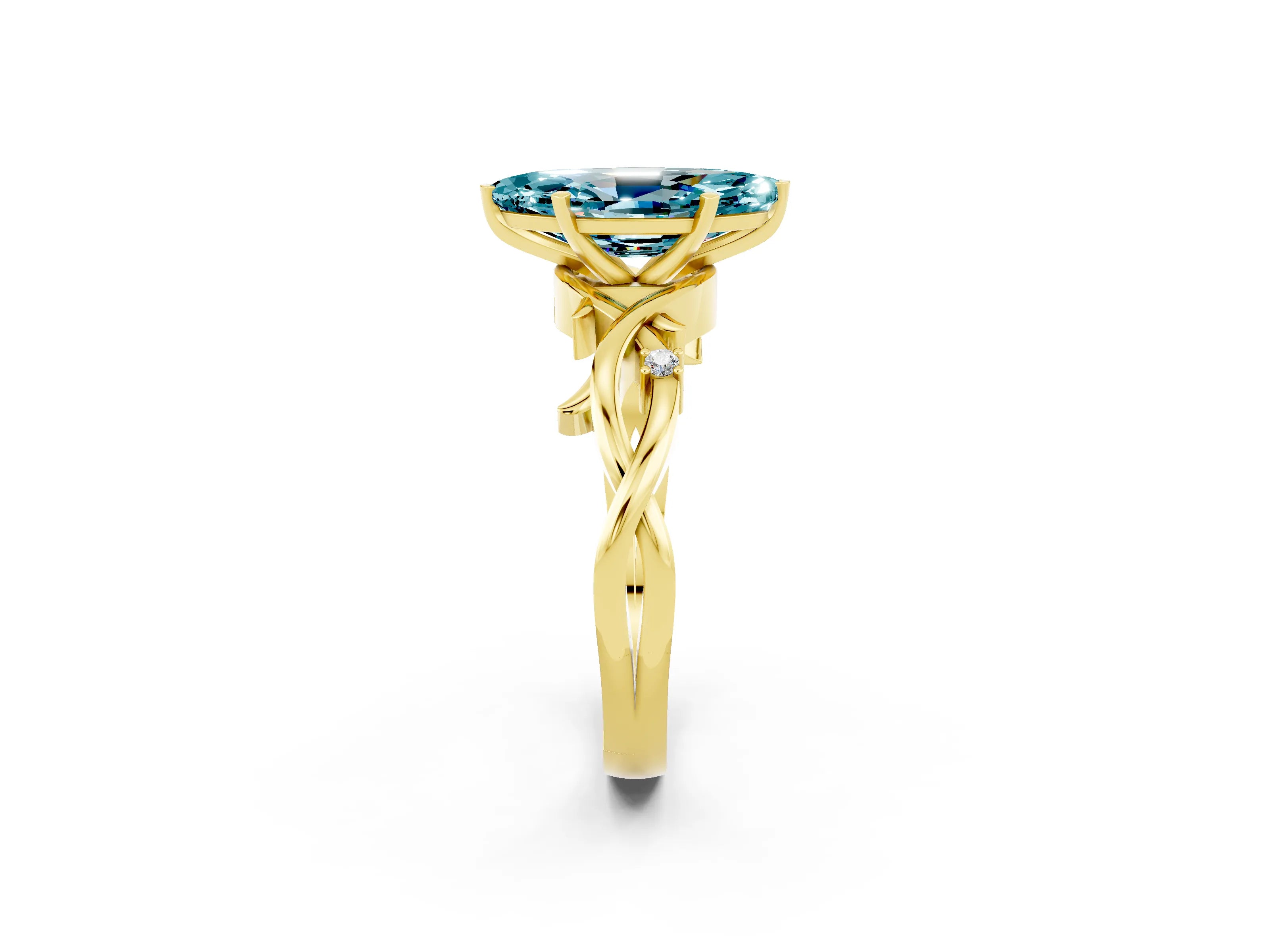 Yellow gold Marquise Cut Blue Topaz Solitaire Ring with Milgrain Pavé Band and Four-Prong Setting_20