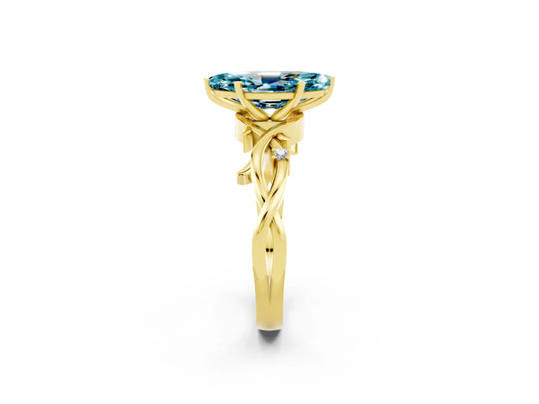 Yellow gold Marquise Cut Blue Topaz Solitaire Ring with Milgrain Pavé Band and Four-Prong Setting