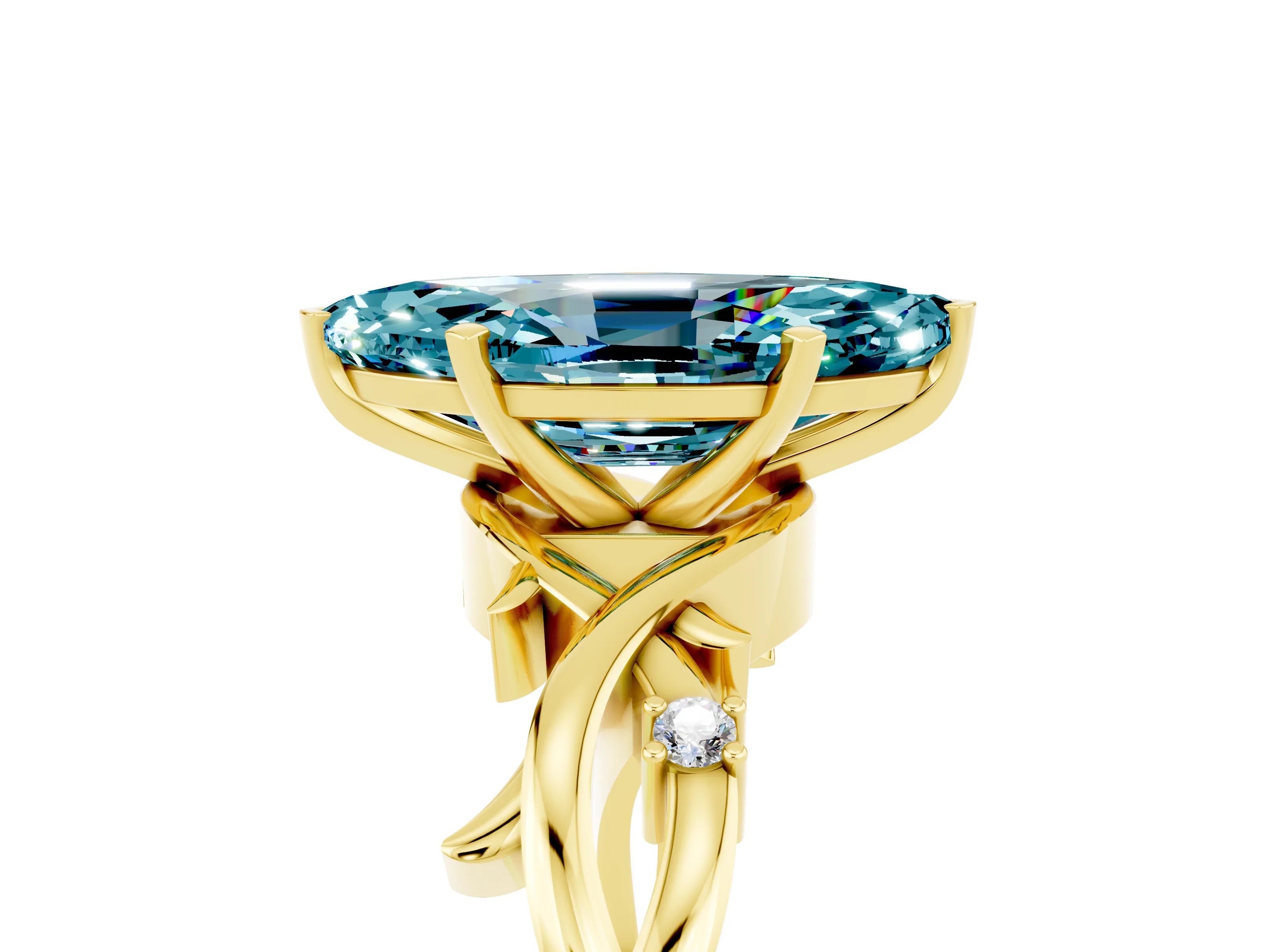 Yellow gold Marquise Cut Blue Topaz Solitaire Ring with Milgrain Pavé Band and Four-Prong Setting_23