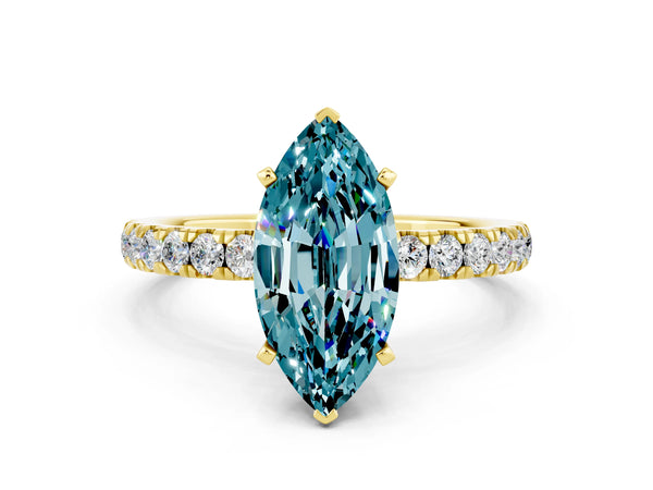 Yellow gold Marquise Cut Blue Topaz Solitaire Ring with Pavé Accents and Four-Prong Setting