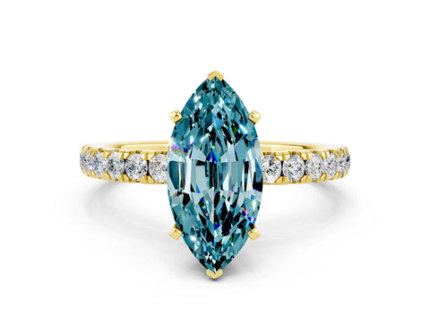 Yellow gold Marquise Cut Blue Topaz Solitaire Ring with Pavé Accents and Four-Prong Setting