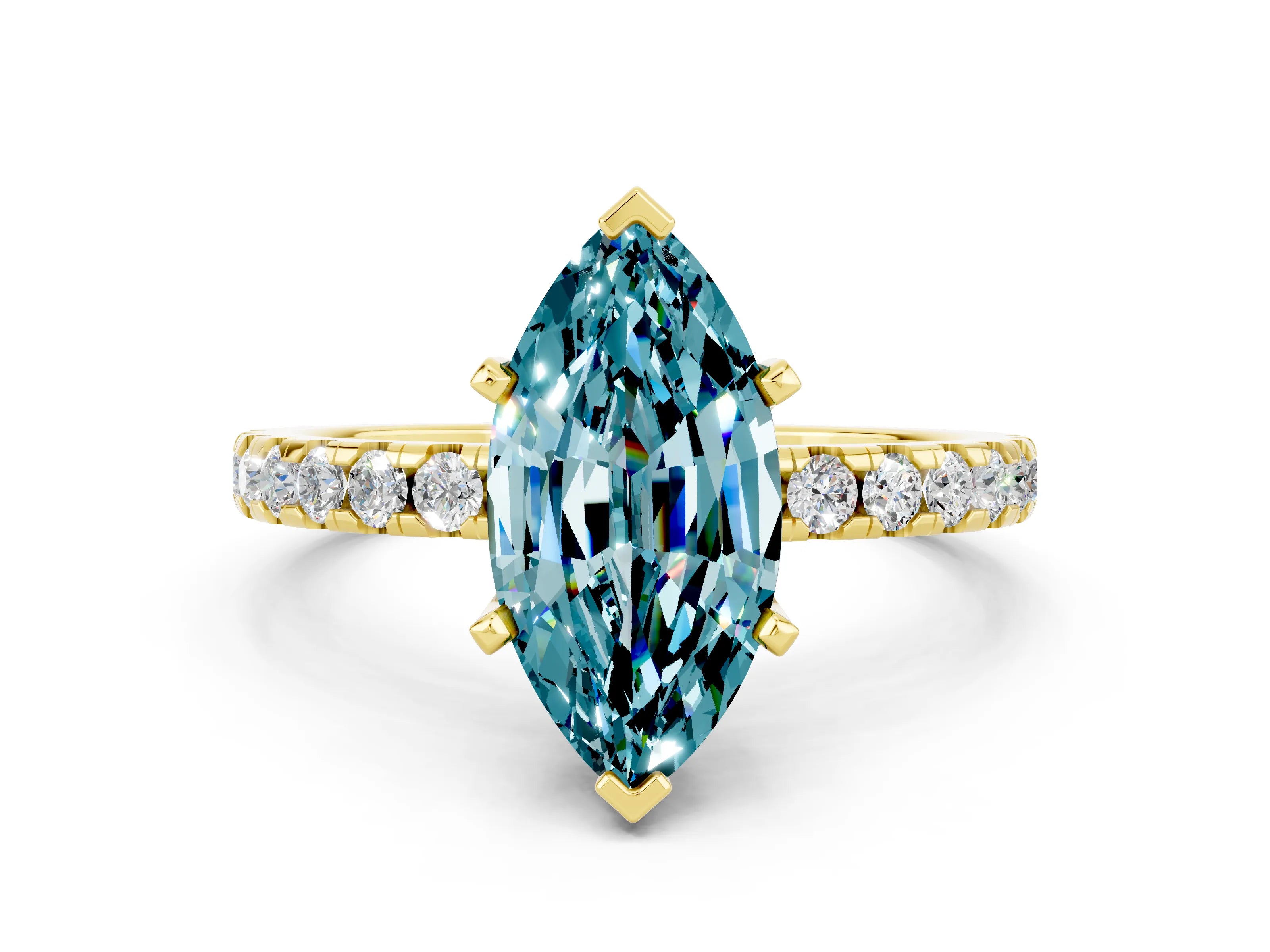 Yellow gold Marquise Cut Blue Topaz Solitaire Ring with Pavé Band and Four-Prong Setting_60