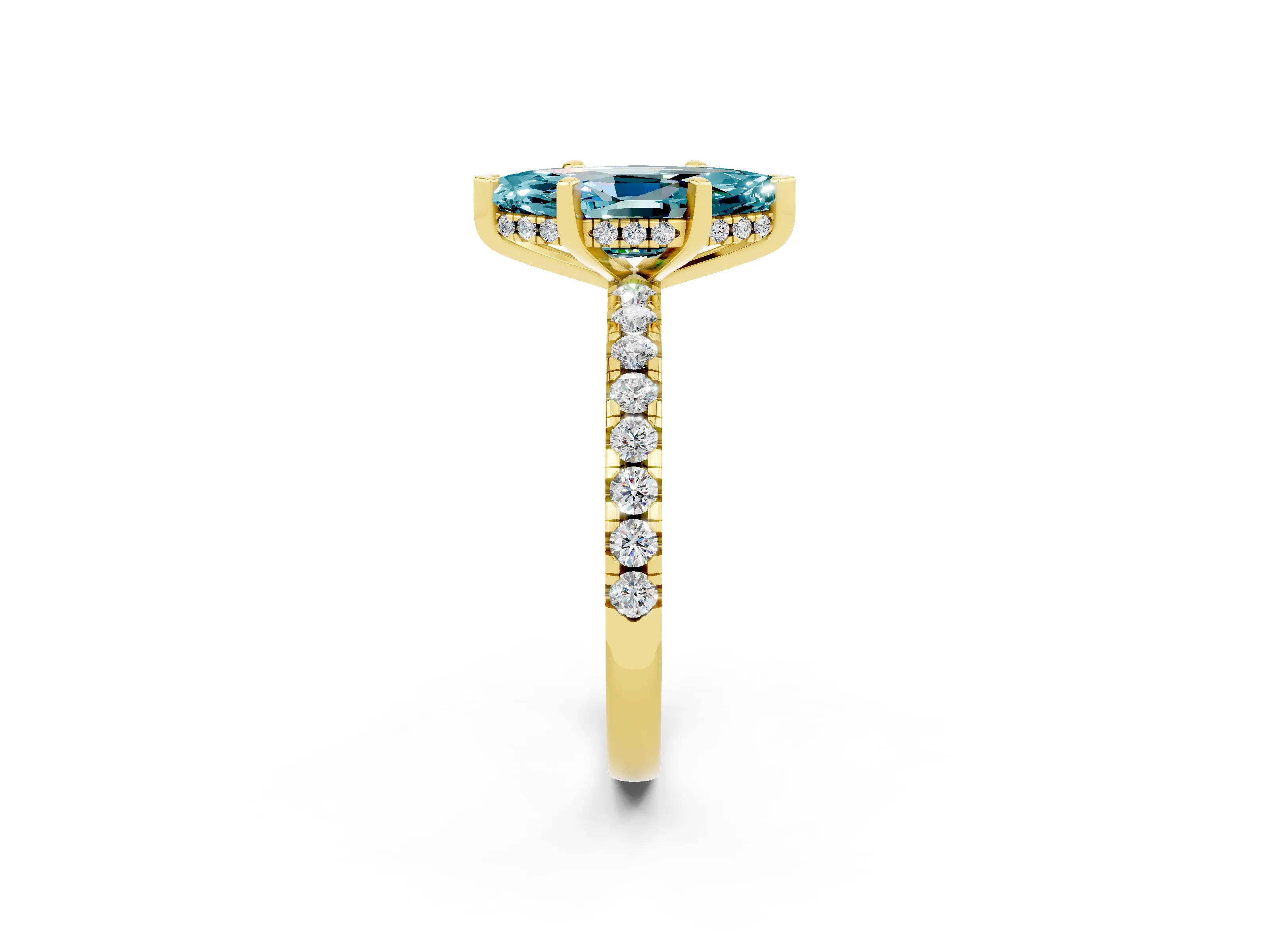Yellow gold Marquise Cut Blue Topaz Solitaire Ring with Pavé Band and Four-Prong Setting_62