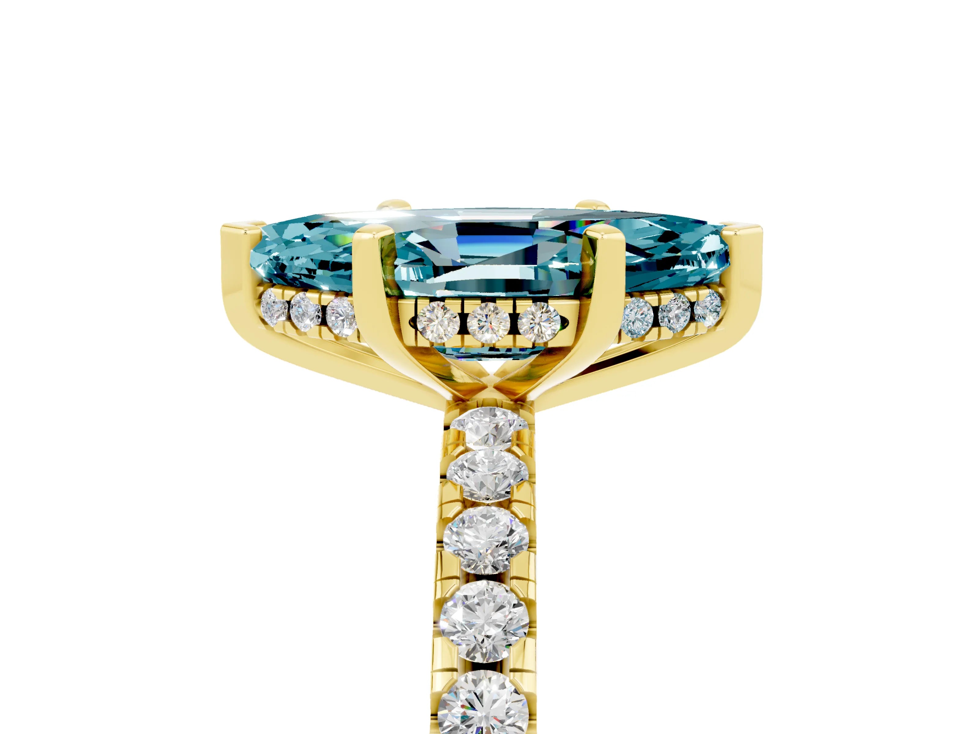 Yellow gold Marquise Cut Blue Topaz Solitaire Ring with Pavé Band and Four-Prong Setting_65
