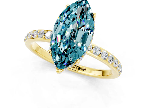 Yellow gold Marquise Cut Blue Topaz Solitaire Ring with Pavé Band and Hidden Halo_13