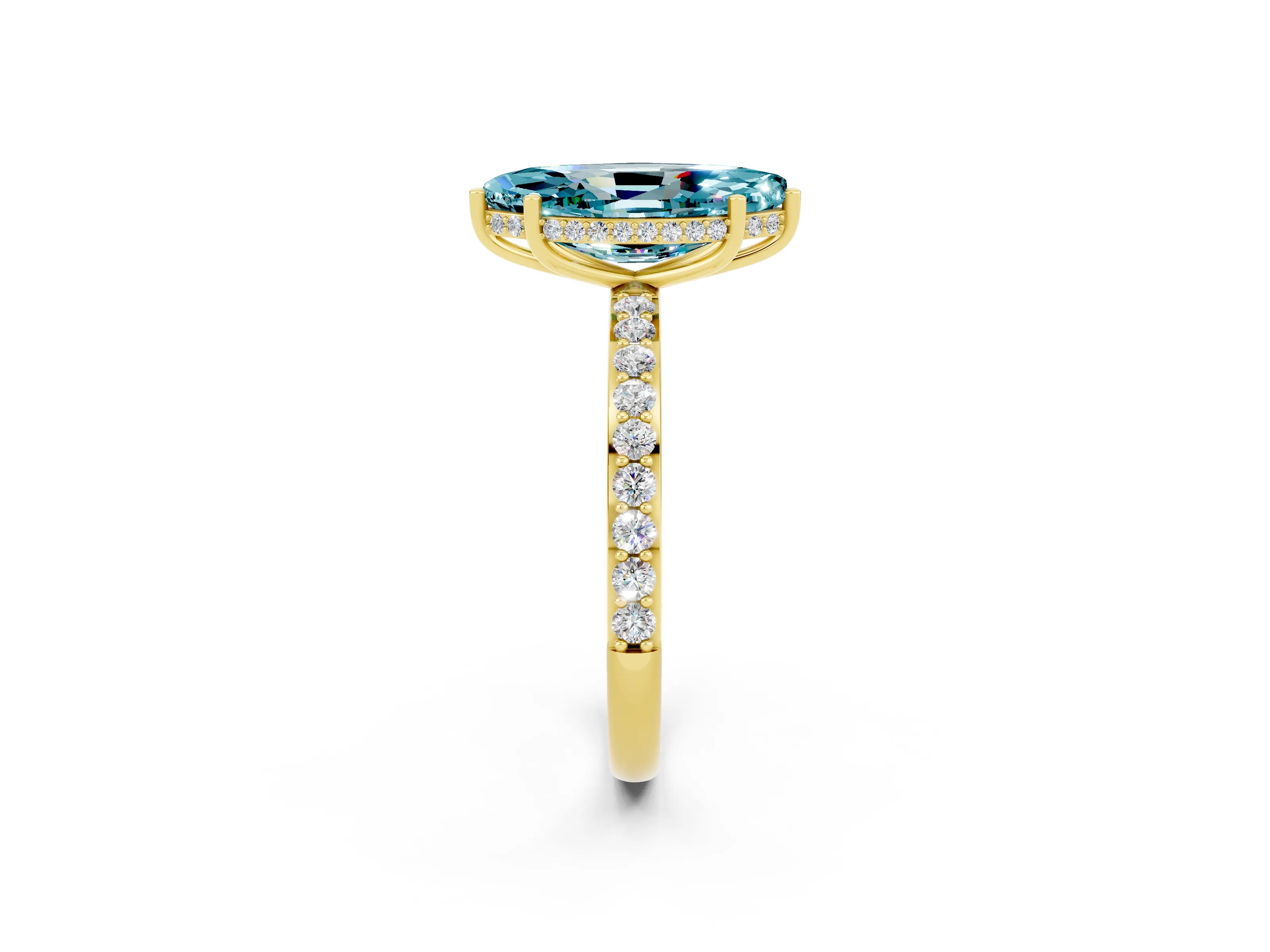 Yellow gold Marquise Cut Blue Topaz Solitaire Ring with Pavé Band and Hidden Halo_14