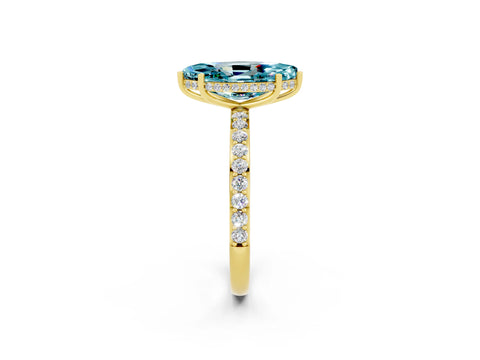 Yellow gold Marquise Cut Blue Topaz Solitaire Ring with Pavé Band and Hidden Halo_14
