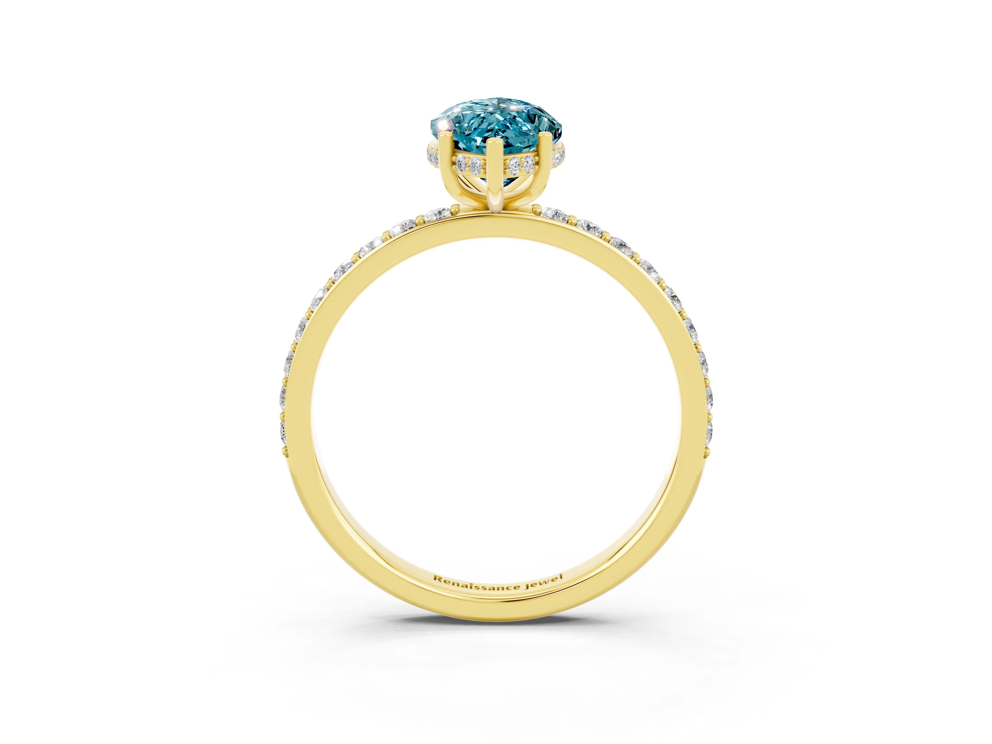 Yellow gold Marquise Cut Blue Topaz Solitaire Ring with Pavé Band and Hidden Halo_15