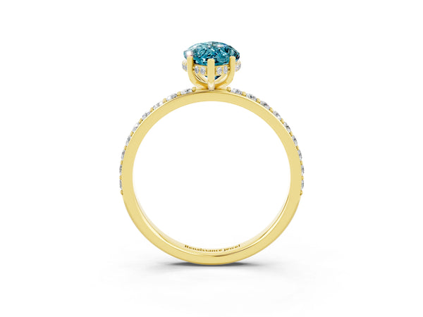 Yellow gold Marquise Cut Blue Topaz Solitaire Ring with Pavé Band and Hidden Halo