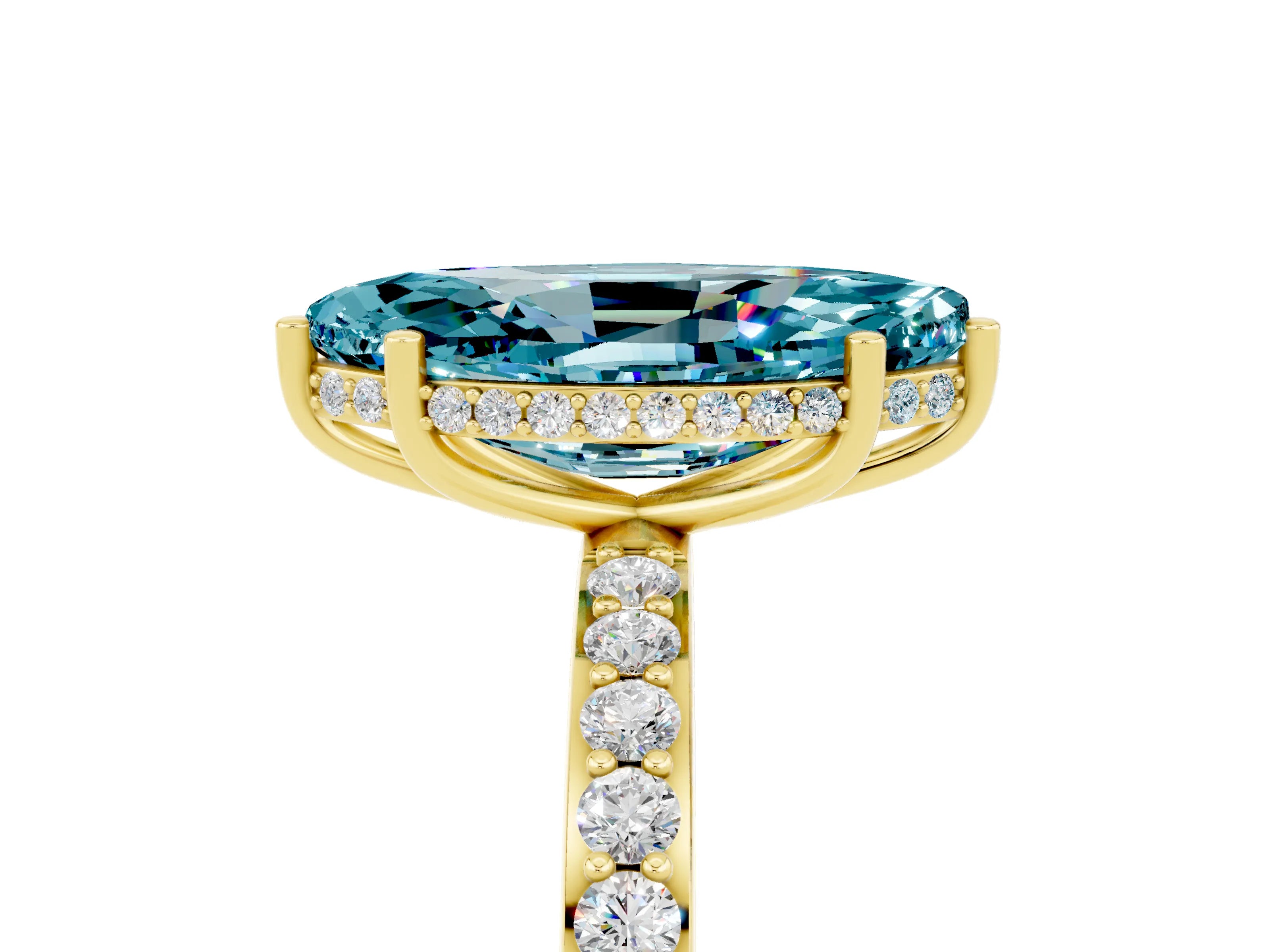 Yellow gold Marquise Cut Blue Topaz Solitaire Ring with Pavé Band and Hidden Halo_17