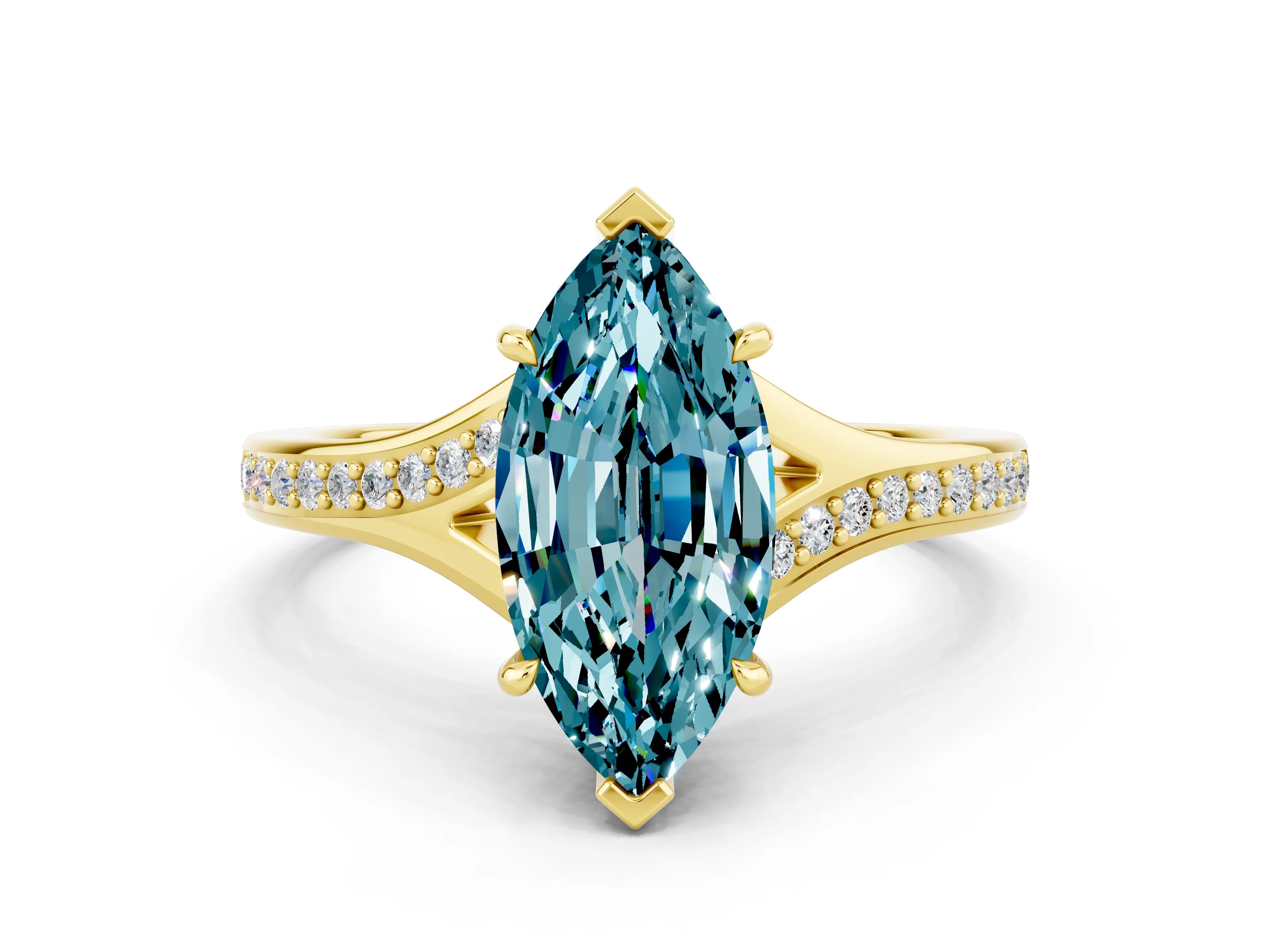 Yellow gold Marquise Cut Blue Topaz Solitaire Ring with Pavé Band and Prong Setting