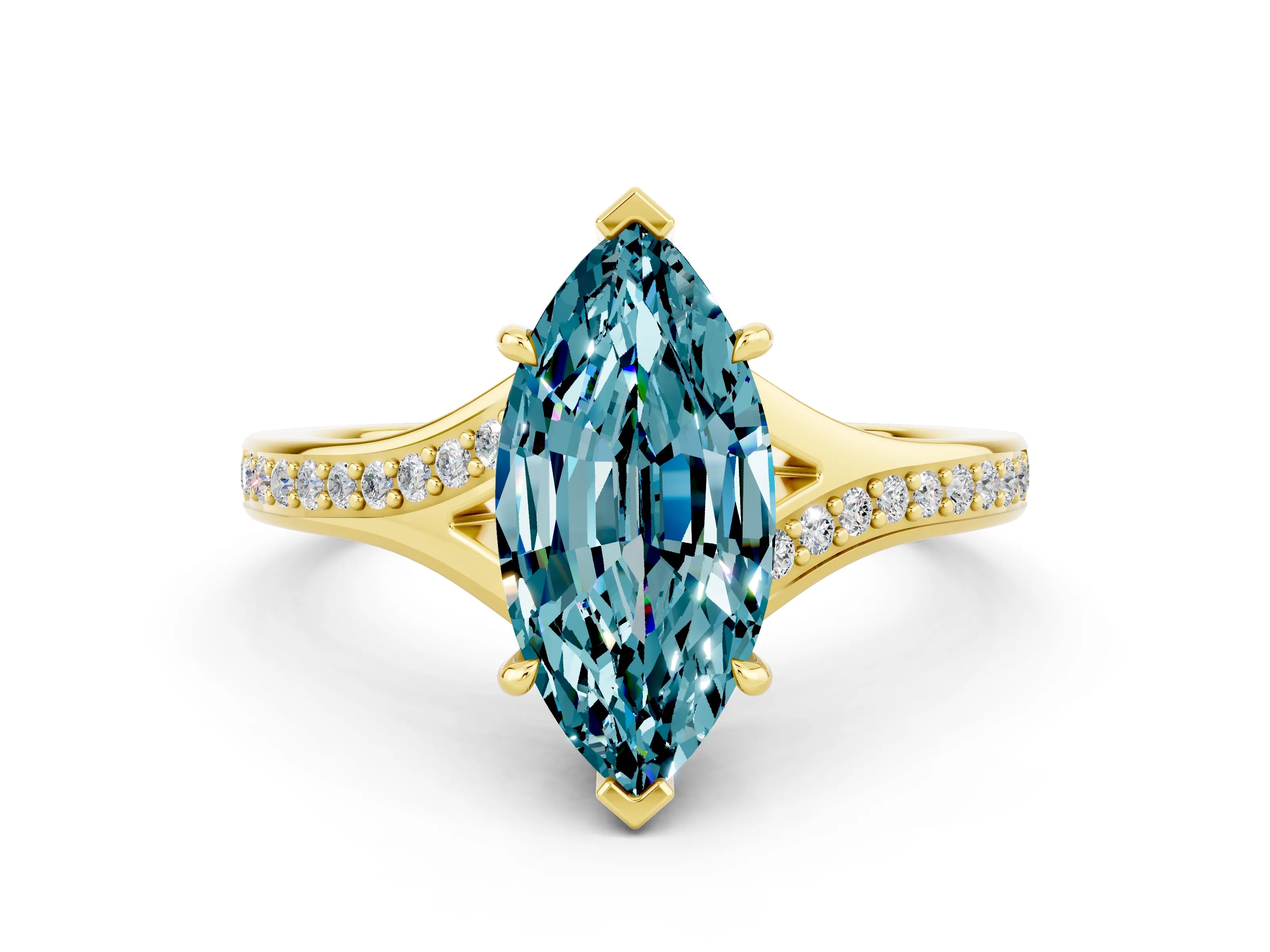 Yellow gold Marquise Cut Blue Topaz Solitaire Ring with Pavé Band and Prong Setting_12