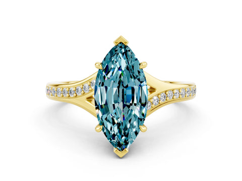 Yellow gold Marquise Cut Blue Topaz Solitaire Ring with Pavé Band and Prong Setting_12