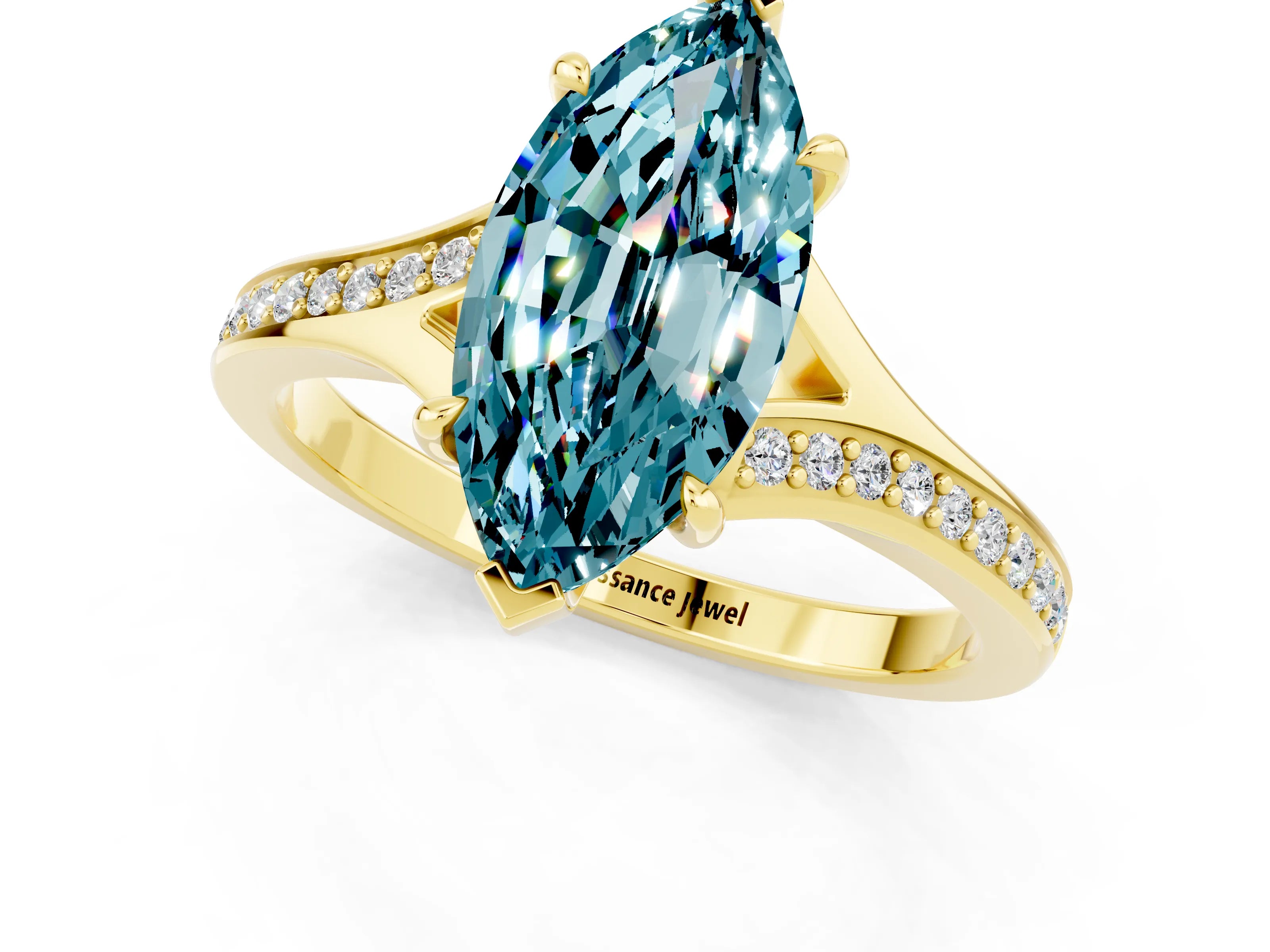 Yellow gold Marquise Cut Blue Topaz Solitaire Ring with Pavé Band and Prong Setting_13