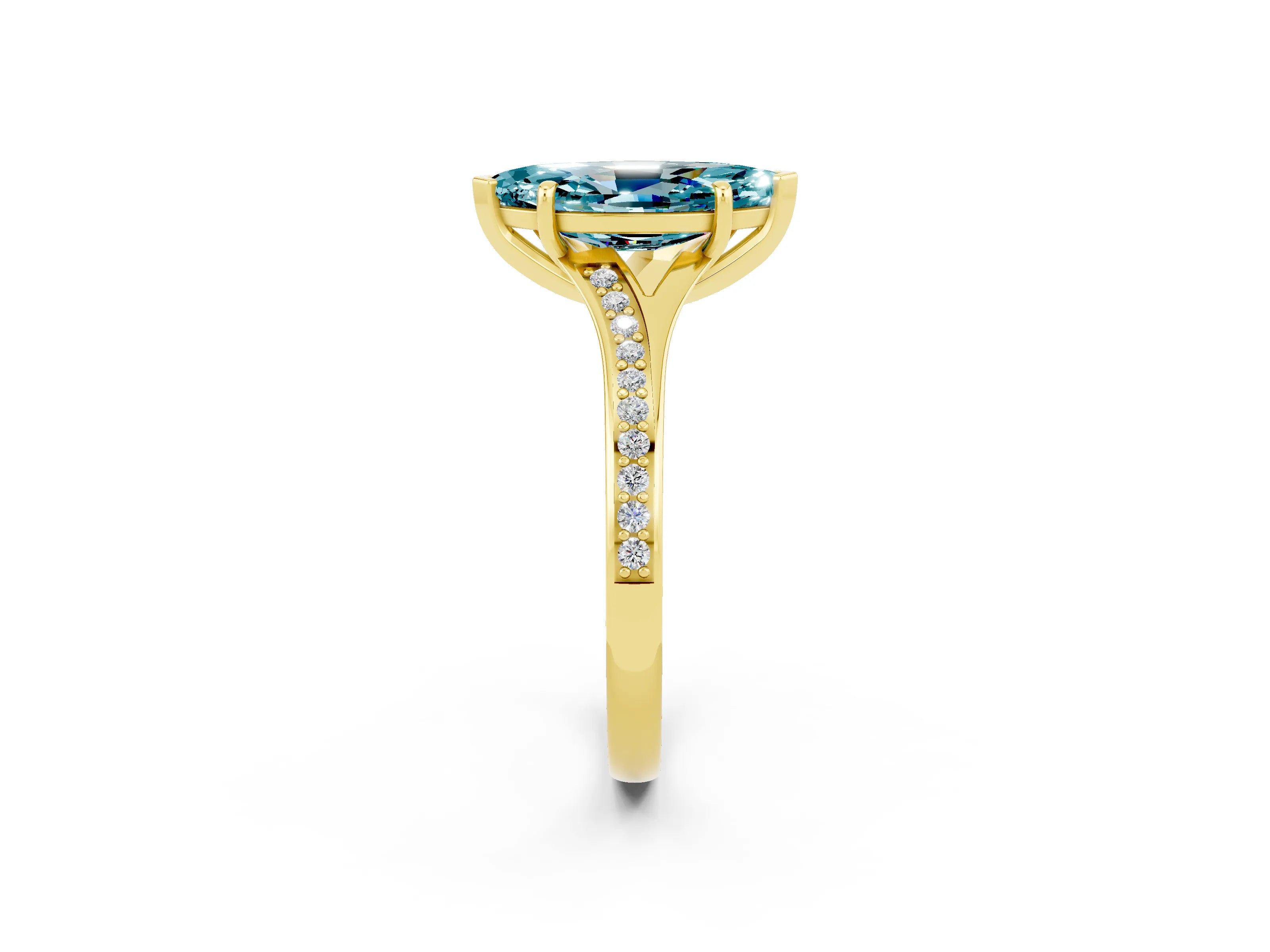 Yellow gold Marquise Cut Blue Topaz Solitaire Ring with Pavé Band and Prong Setting_14