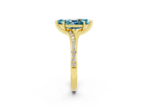 Yellow gold Marquise Cut Blue Topaz Solitaire Ring with Pavé Band and Prong Setting_2