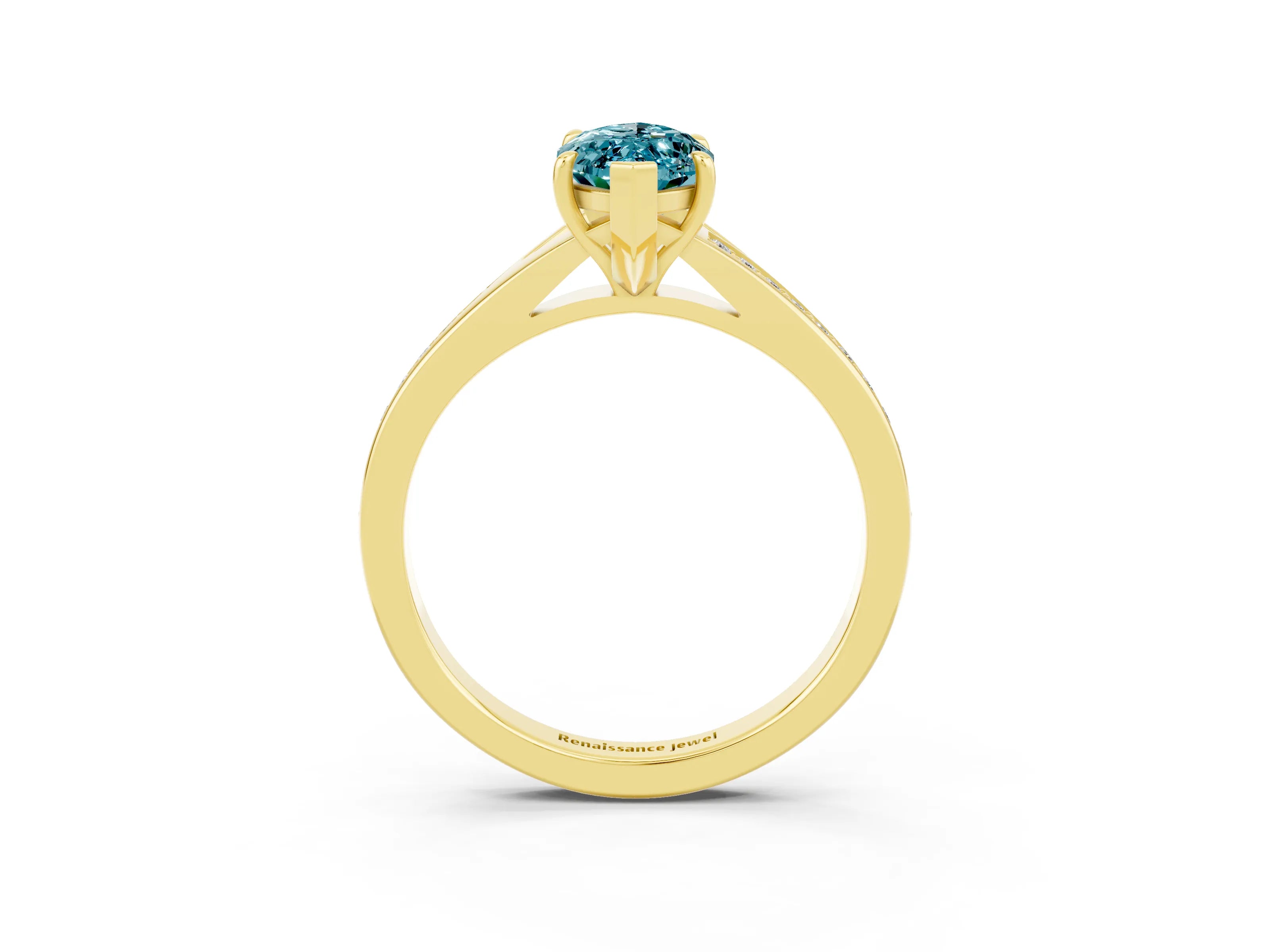 Yellow gold Marquise Cut Blue Topaz Solitaire Ring with Pavé Band and Prong Setting_3