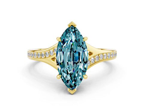 Yellow gold Marquise Cut Blue Topaz Solitaire Ring with Pavé Band and Prong Setting