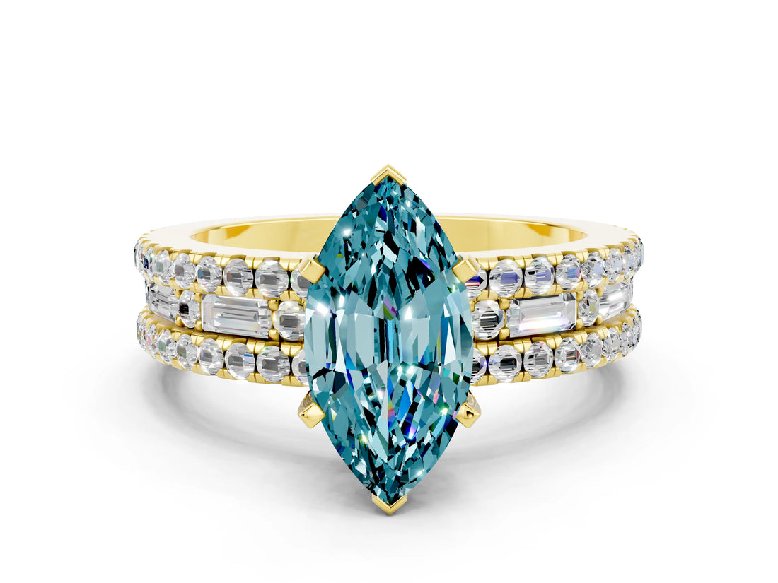 Yellow gold Marquise Cut Blue Topaz Solitaire Ring with Pavé and Channel Set Band