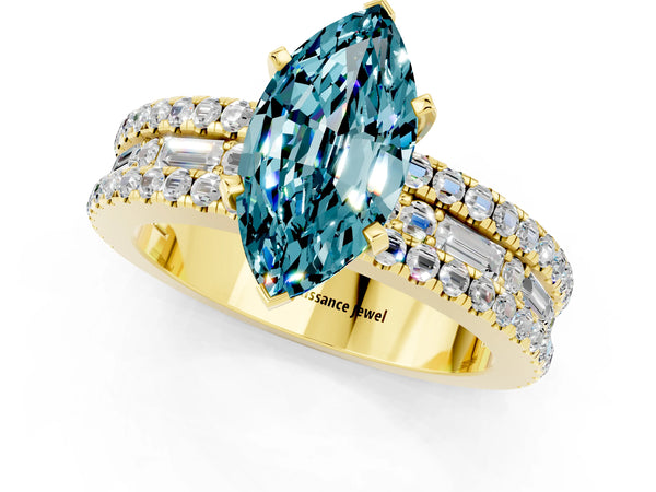Yellow gold Marquise Cut Blue Topaz Solitaire Ring with Pavé and Channel Set Band
