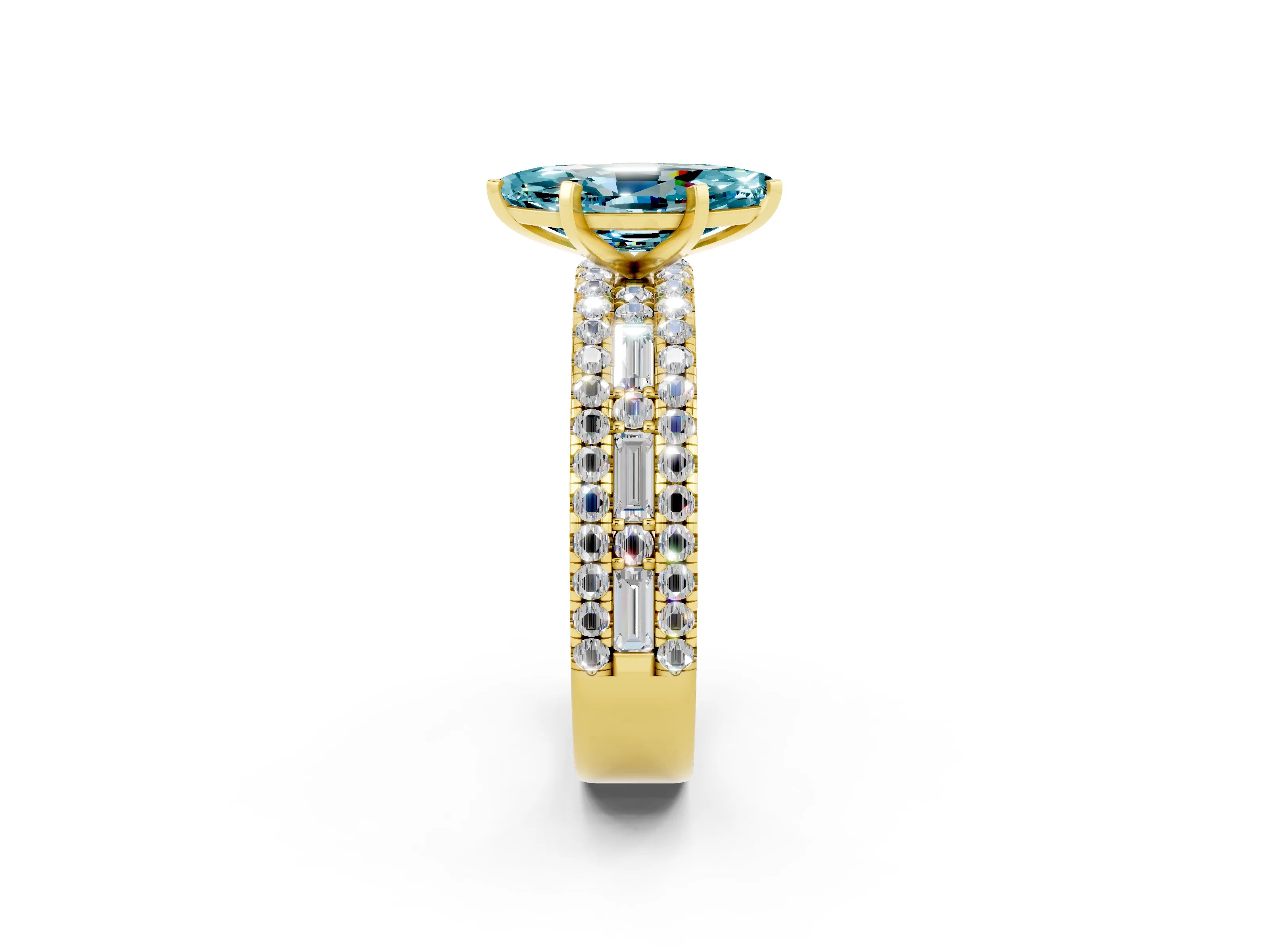 Yellow gold Marquise Cut Blue Topaz Solitaire Ring with Pavé and Channel Set Band_2