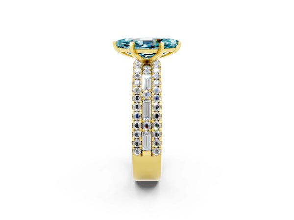 Yellow gold Marquise Cut Blue Topaz Solitaire Ring with Pavé and Channel Set Band