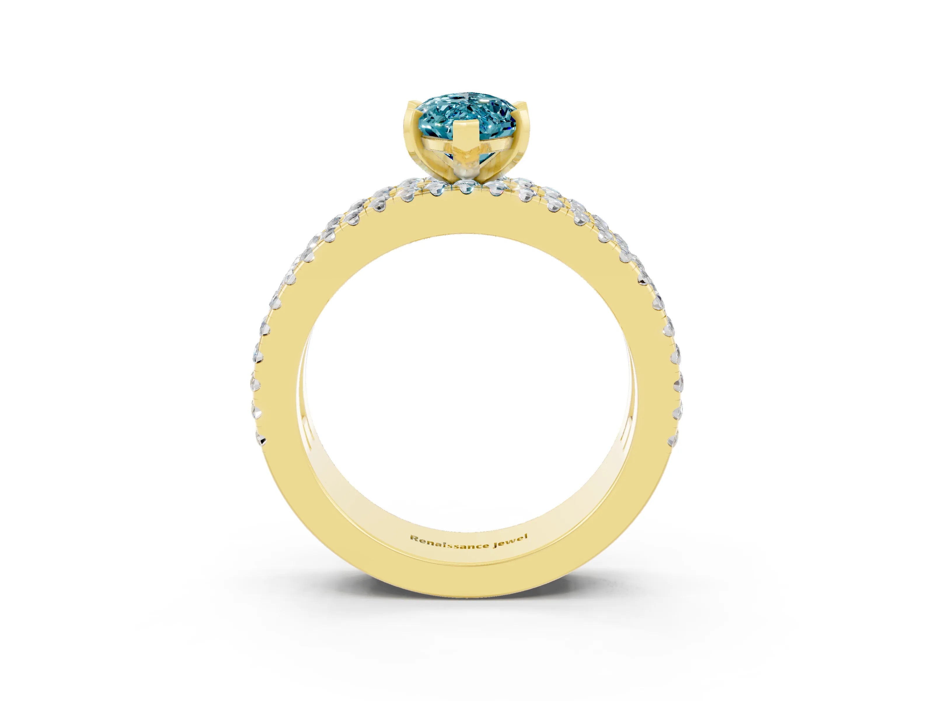 Yellow gold Marquise Cut Blue Topaz Solitaire Ring with Pavé and Channel Set Band_3