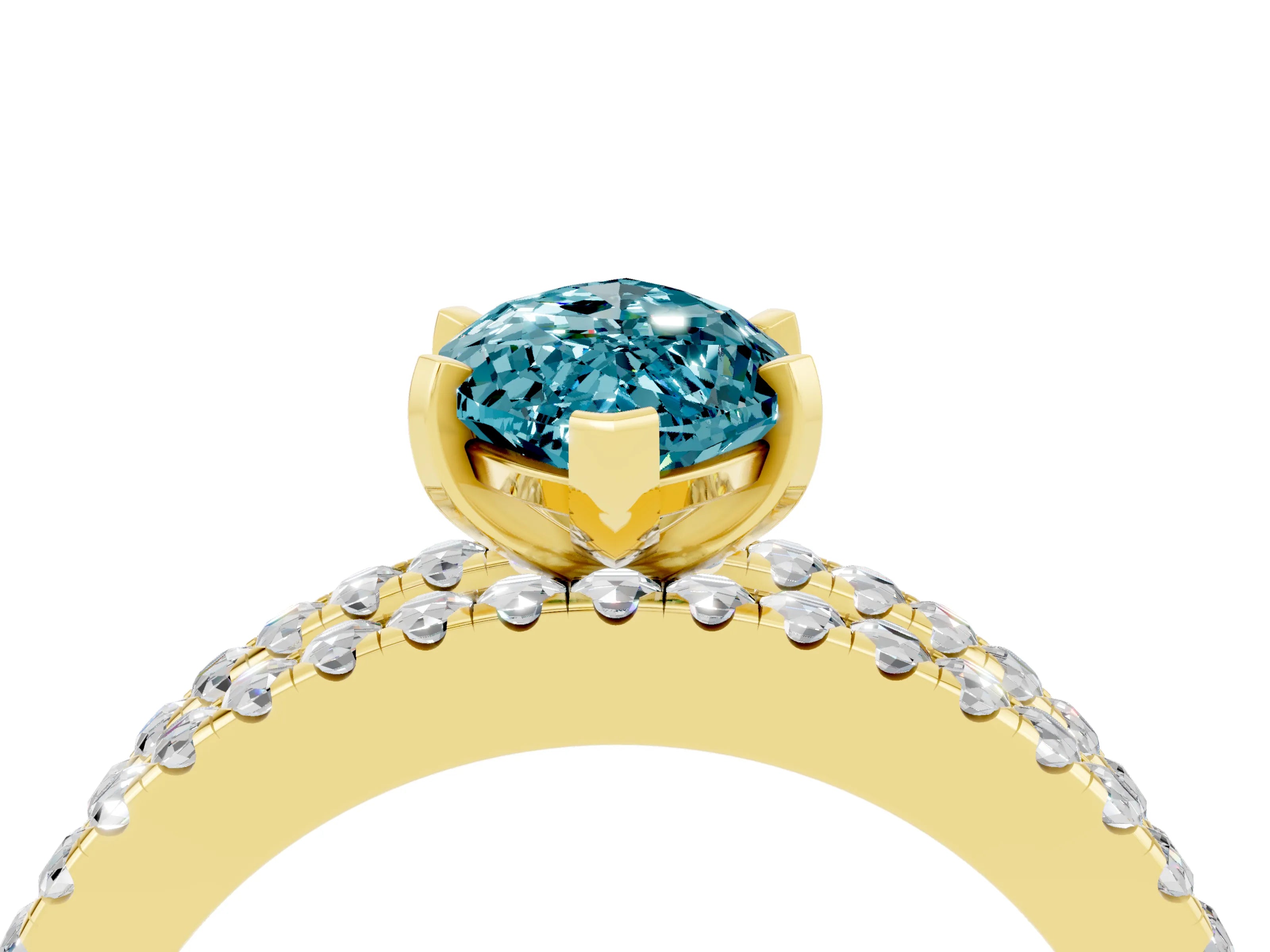 Yellow gold Marquise Cut Blue Topaz Solitaire Ring with Pavé and Channel Set Band_4